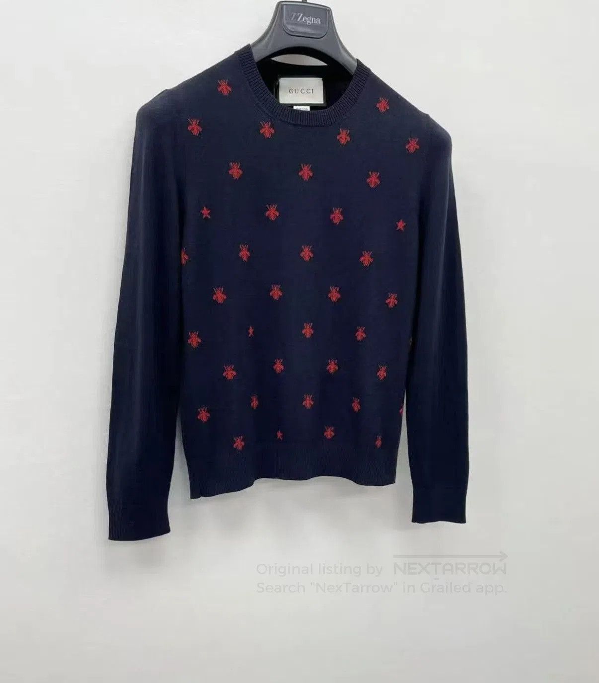 Gucci Blue Knit Sweater with Red Pattern - Size M. Size US M / EU 48-50 / 2 - 2 Thumbnail