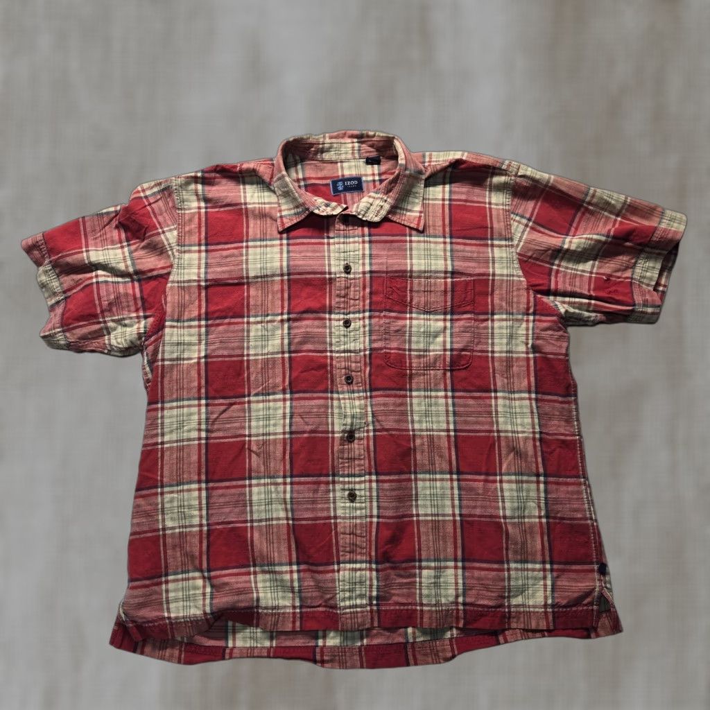Izod IZOD Jeans Shirt Adult Men 2XL Red Plaid Short Sleeve Button Up Comp | Classic Casual, Travel Size US 39 - 1 Thumbnail