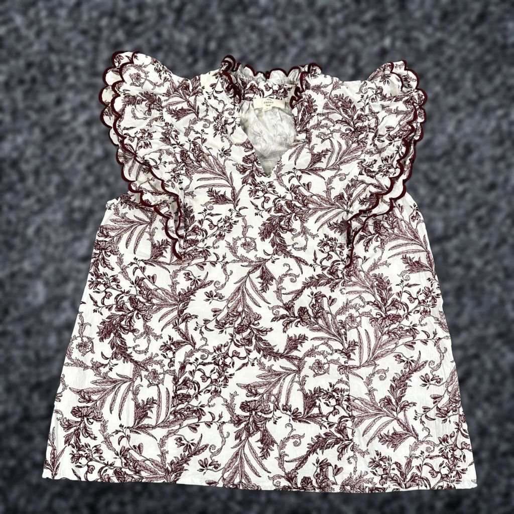 Vintage Entro Blouse Womens Small White Burgundy Floral Ruffle V Neck Sleeveless Top Size S / US 4 / IT 40 - 1 Thumbnail