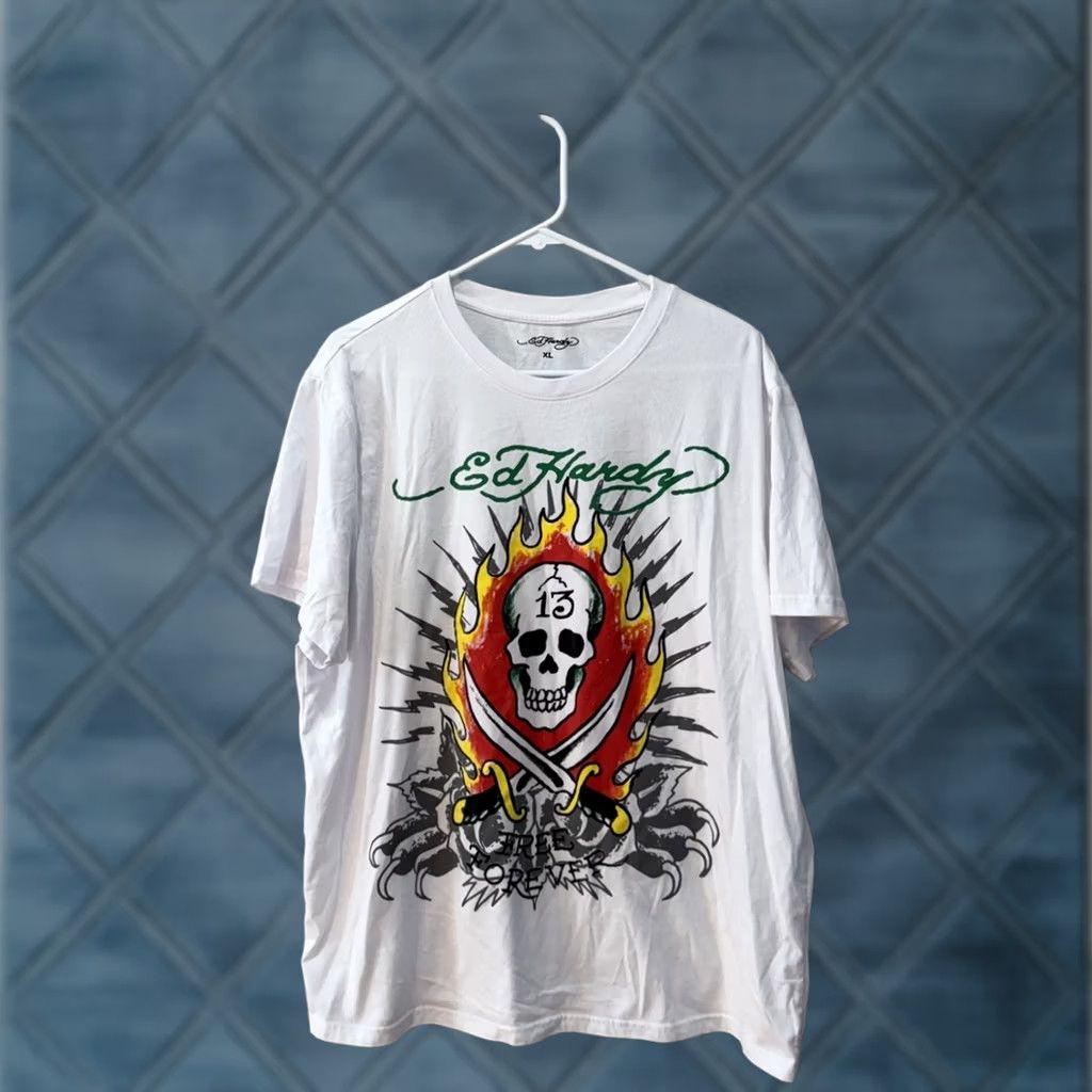 Ed Hardy Ed Hardy T-Shirt Logo Graphic White Skull Sword Flames 13 Free Forever XL Mens Short Sleeve Crew Neck Cotton Polyester Vintage No Size US XL / EU 56 / 4 - 1 Thumbnail