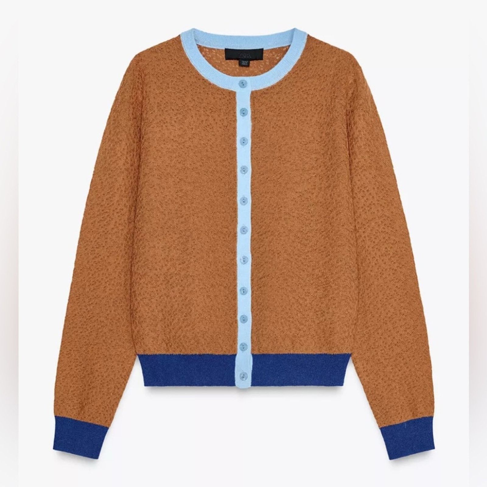 Zara NWT-Zara Brown Knit Cardigan with Blue Buttons Size L / US 10 / IT 46 - 2 Thumbnail
