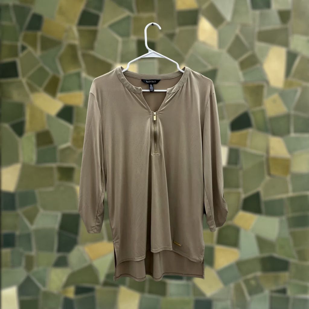 Ellen Tracy Ellen Tracy Blouse Womens Size Large Tan 3/4 Sleeve V-Neck Zipper Size L / US 10 / IT 46 - 1 Thumbnail