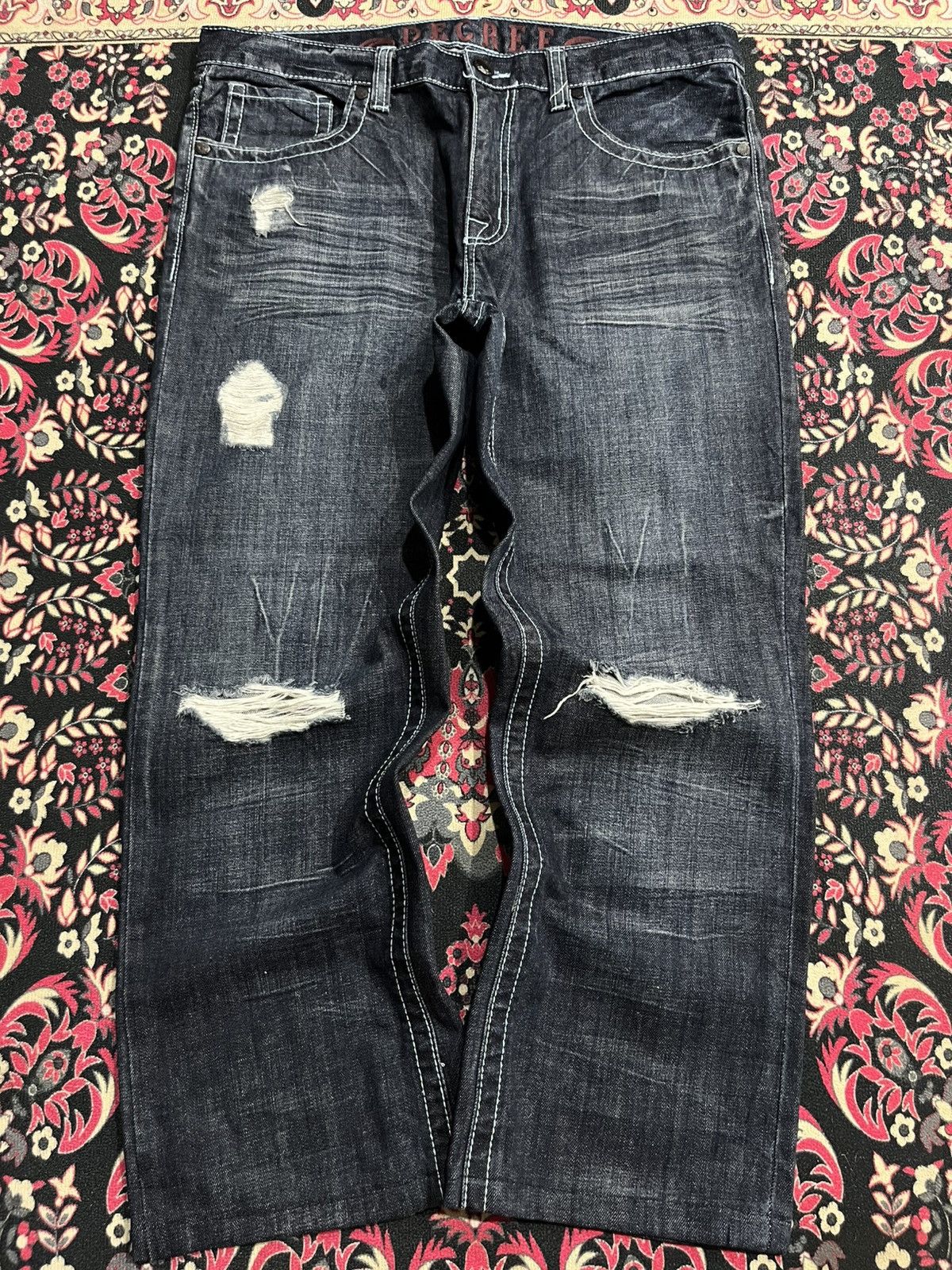 No Faith Studios Vintage Decree Dark Washed Distressed Slim Straight Jeans Size US 36 / EU 52 - 1 Thumbnail