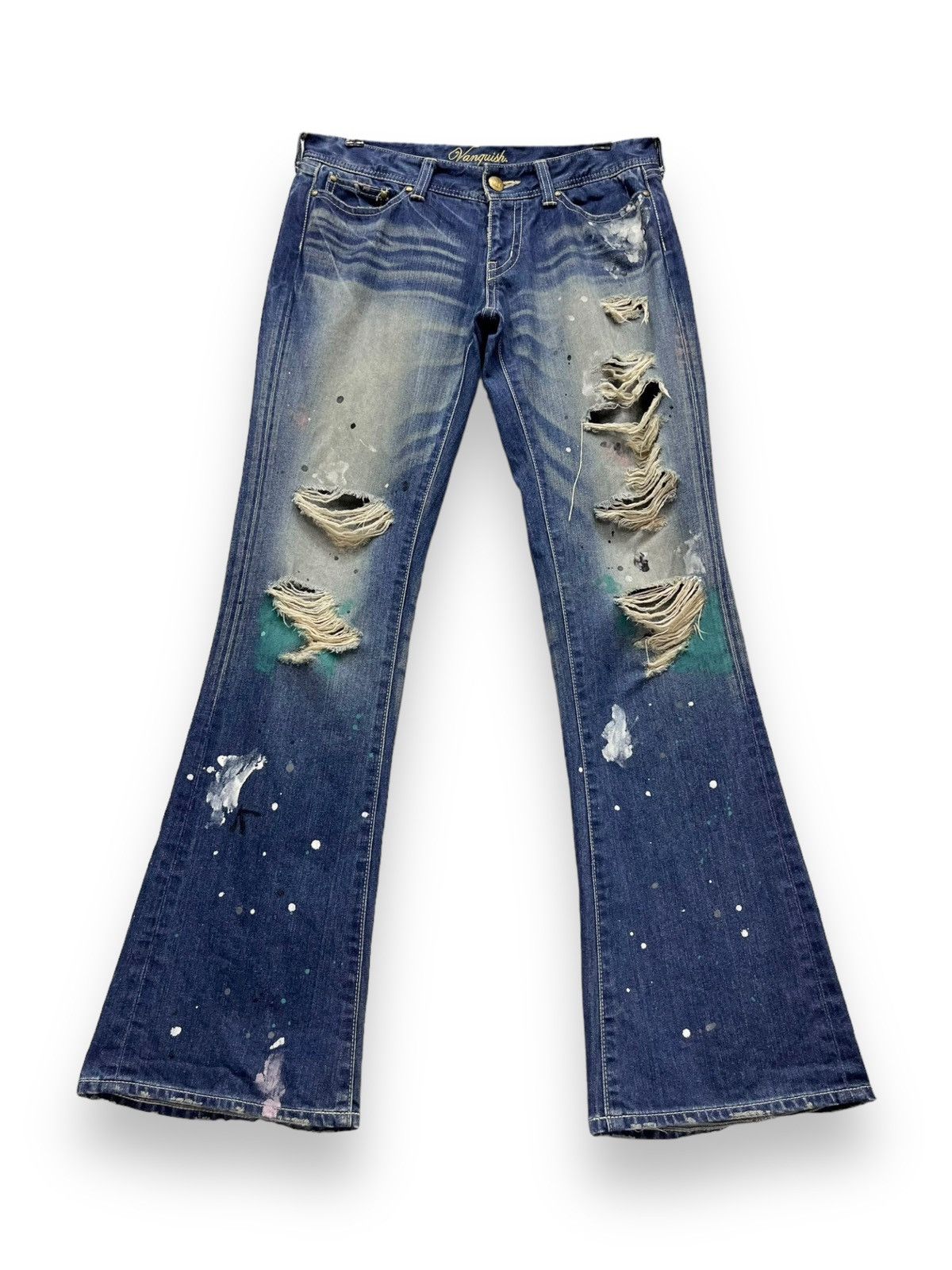 Vanquish 🔥VANQUISH FLARE“SEX IS HEAVEN” MudMax Ripped Splatter Denim Size US 31 - 2 Thumbnail