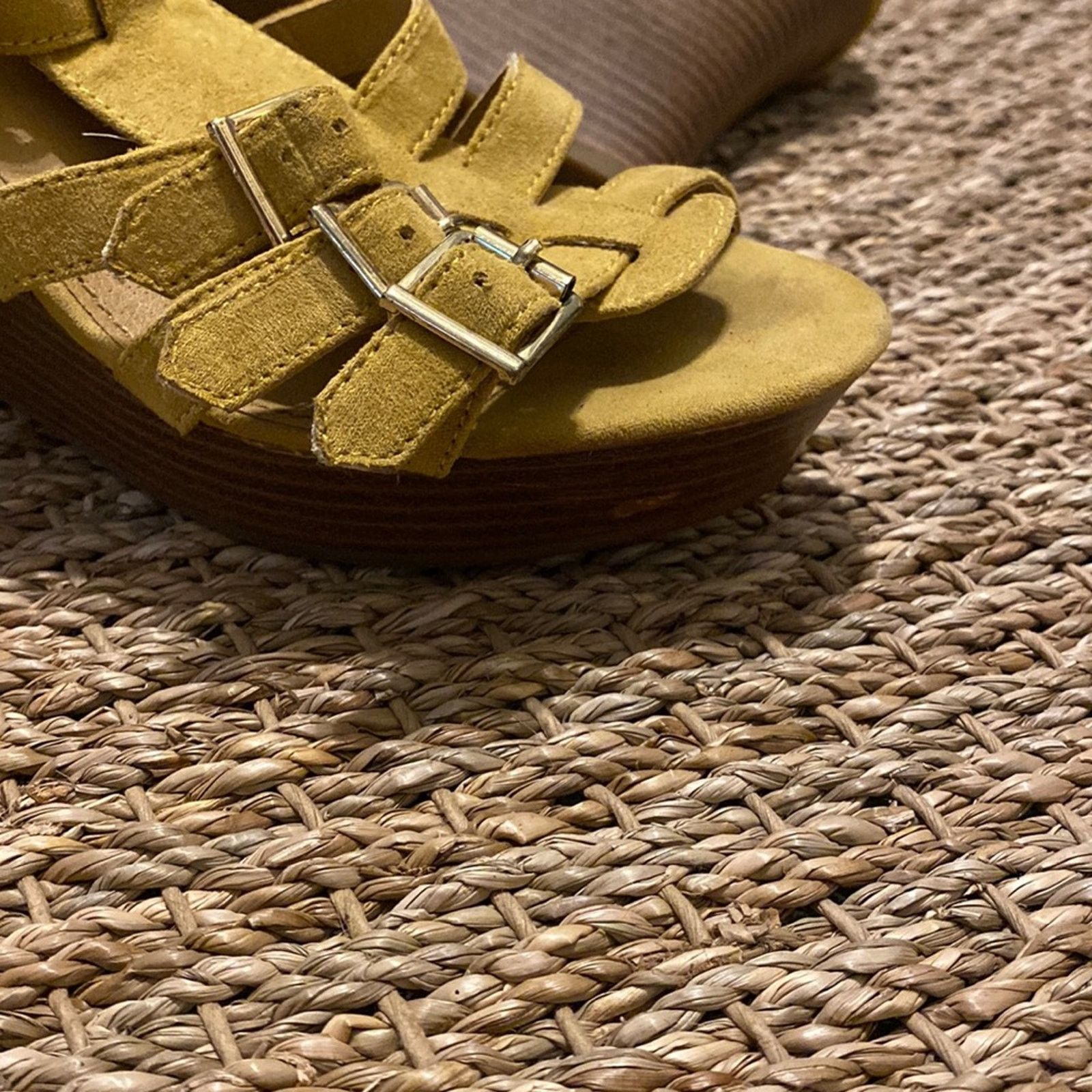 Express Multi strap & buckles, suede ochre color wedge heel size 7 Size US 7 / IT 37 - 5 Thumbnail