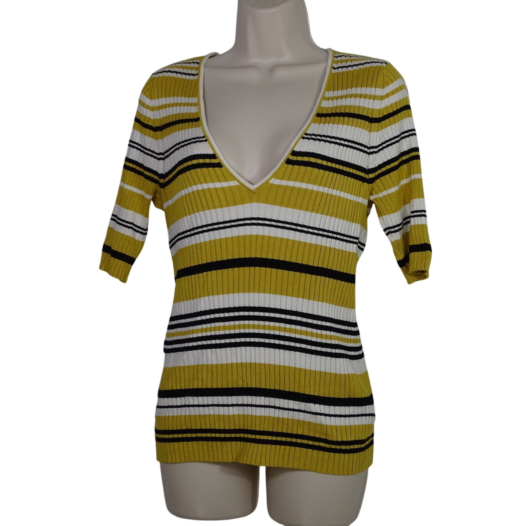 Express Express Striped Plunge V-Neck Ribbed Knit Top Women Size L Size L / US 10 / IT 46 - 1 Thumbnail
