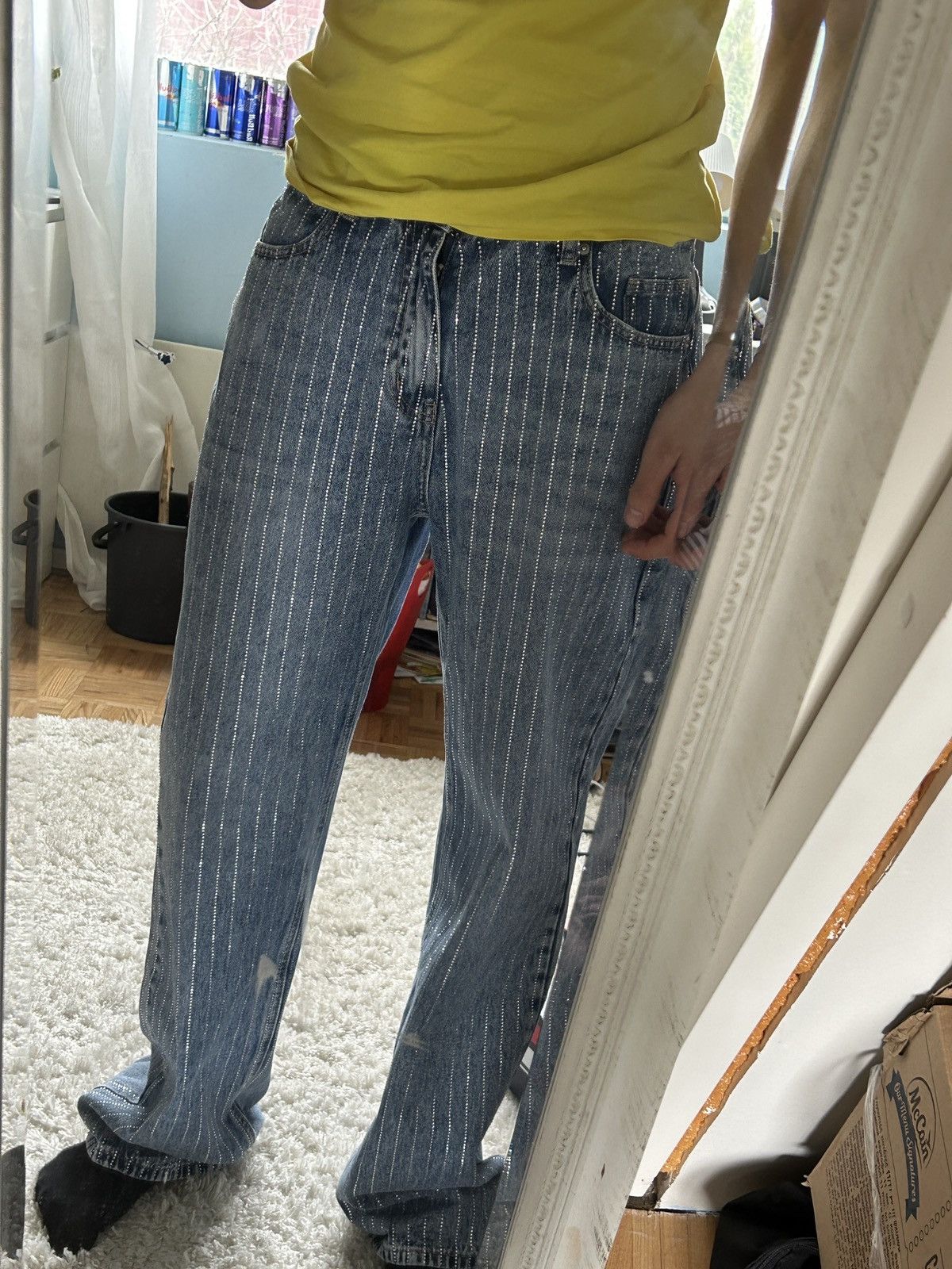Other ✨ UNISEX AMISU – Crystal Rhinestone Pinstripe Wide Leg Jeans Size 34" / US 12 / IT 48 - 1 Thumbnail
