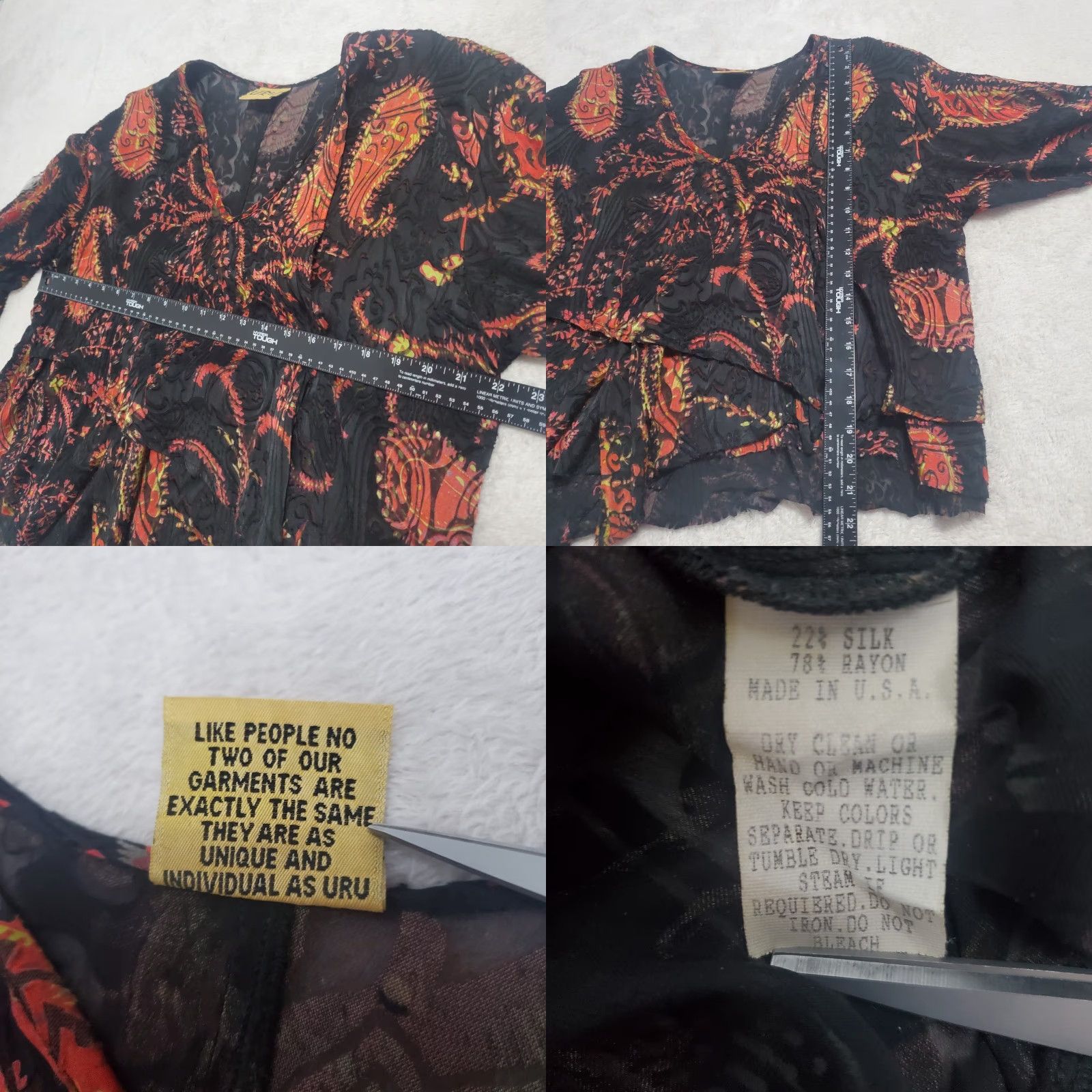Vintage VINTAGE URU Top Women OS Black Layered Silk Blend Boho Paisley Burnout V-Neck Long Sleeve Boxy Relaxed Fit Pullover Size ONE SIZE - 8 Thumbnail