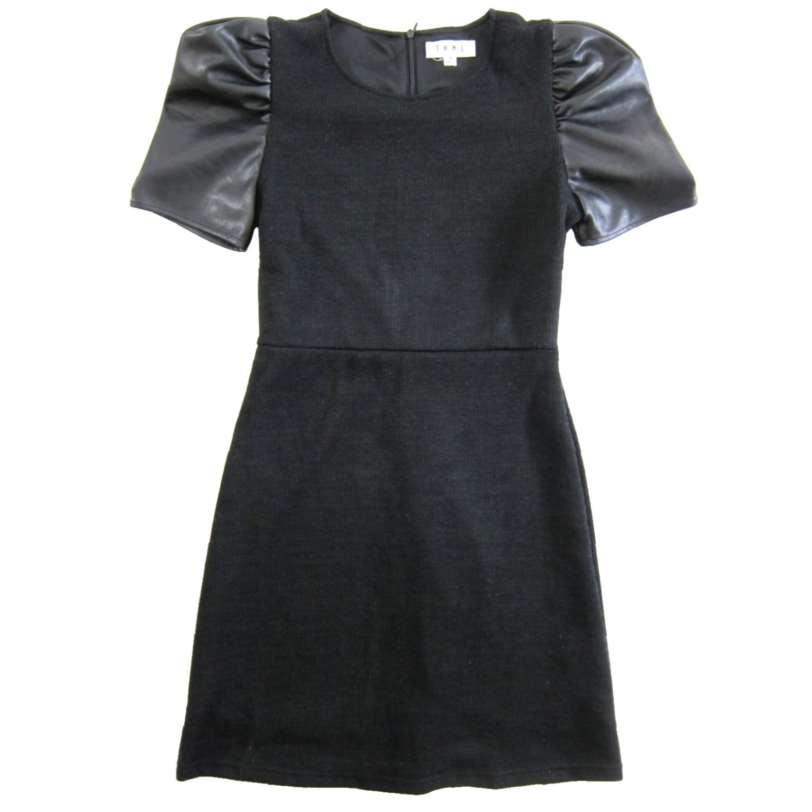 Vintage THML Black Dress Puff Sleeve Short Sheath Work Party Dress S Small Size 28" / US 6 / IT 42 - 2 Thumbnail