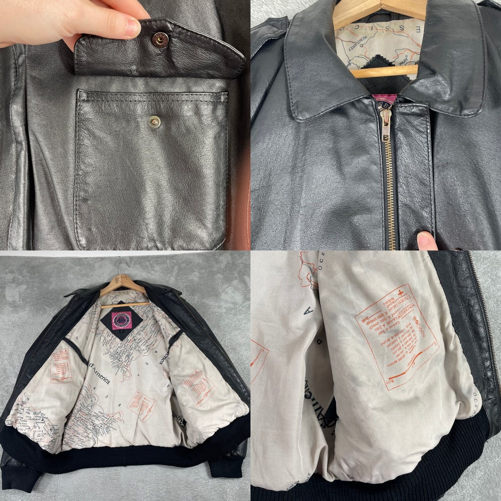 Vintage VINTAGE Burks Bay Leather Bomber Jacket Mens Large Black Aviator Flight Map Lining Size US L / EU 52-54 / 3 - 8 Thumbnail