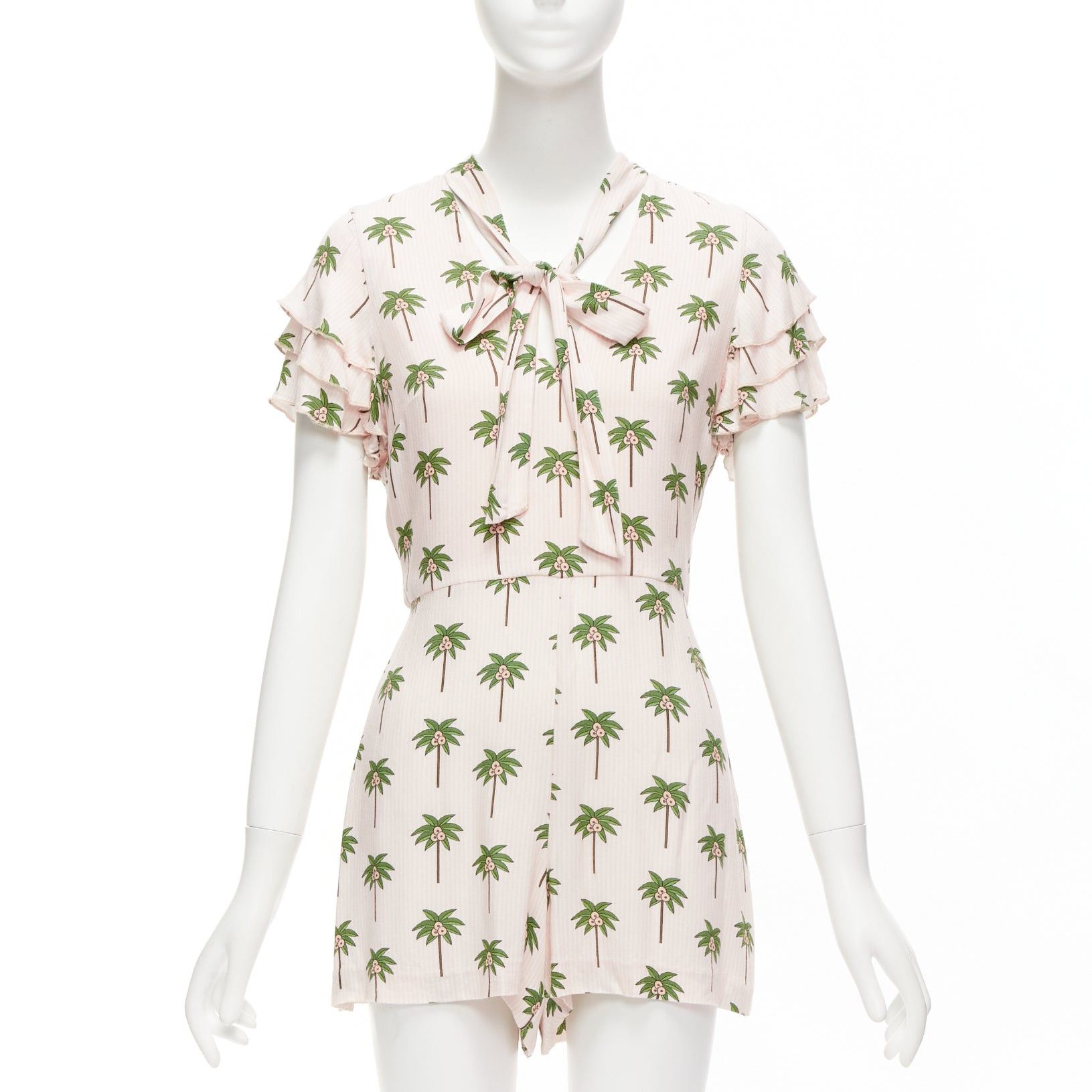 Alice + Olivia ALICE OLIVIA pink green coconut palm tree frill sleeves bow tie romper US8 L Size 30" / US 8 / IT 44 - 1 Thumbnail