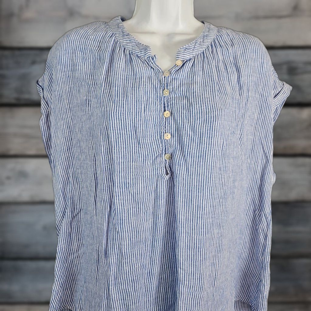 Vintage Cloth & Stone Womens Blouse XL Blue White Striped Linen Blend Shirt Casual Popover Pullover Size XL / US 12-14 / IT 48-50 - 1 Thumbnail
