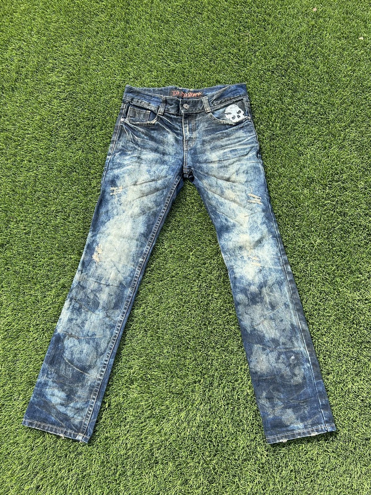 image of Hysteric Glamour Cloud 72 Skull Embroidered Distressed Jeans in Blue, Men's (Size 30)