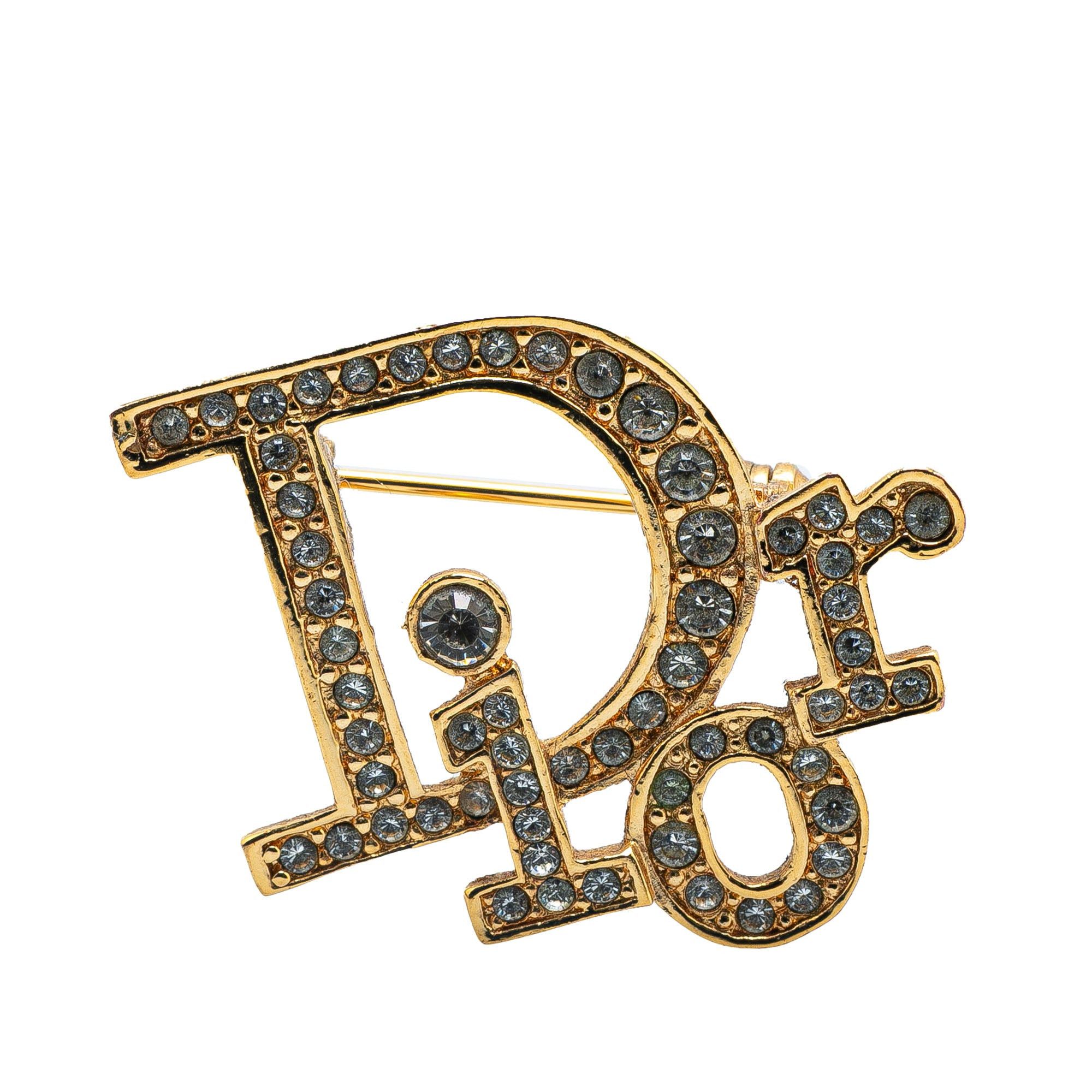 Dior Dior Gold Plated Rhinestone Logo Brooch Gold Size ONE SIZE - 1 Thumbnail