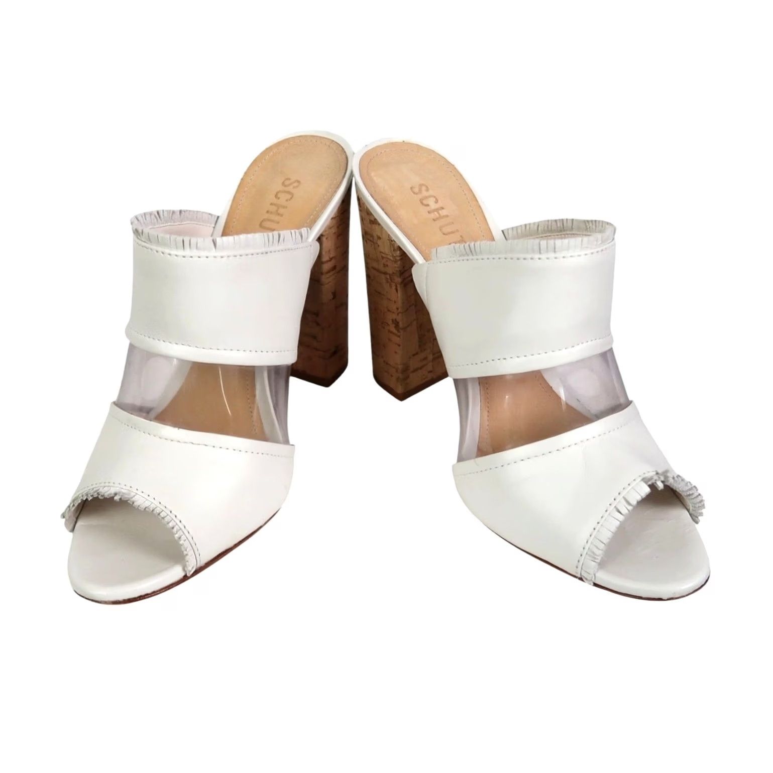 SCHUTZ Schutz White Leather Mule Slip-On Heels Sandals Peep Toe Cork 7.5 Womens Size US 8 / IT 38 - 4 Thumbnail