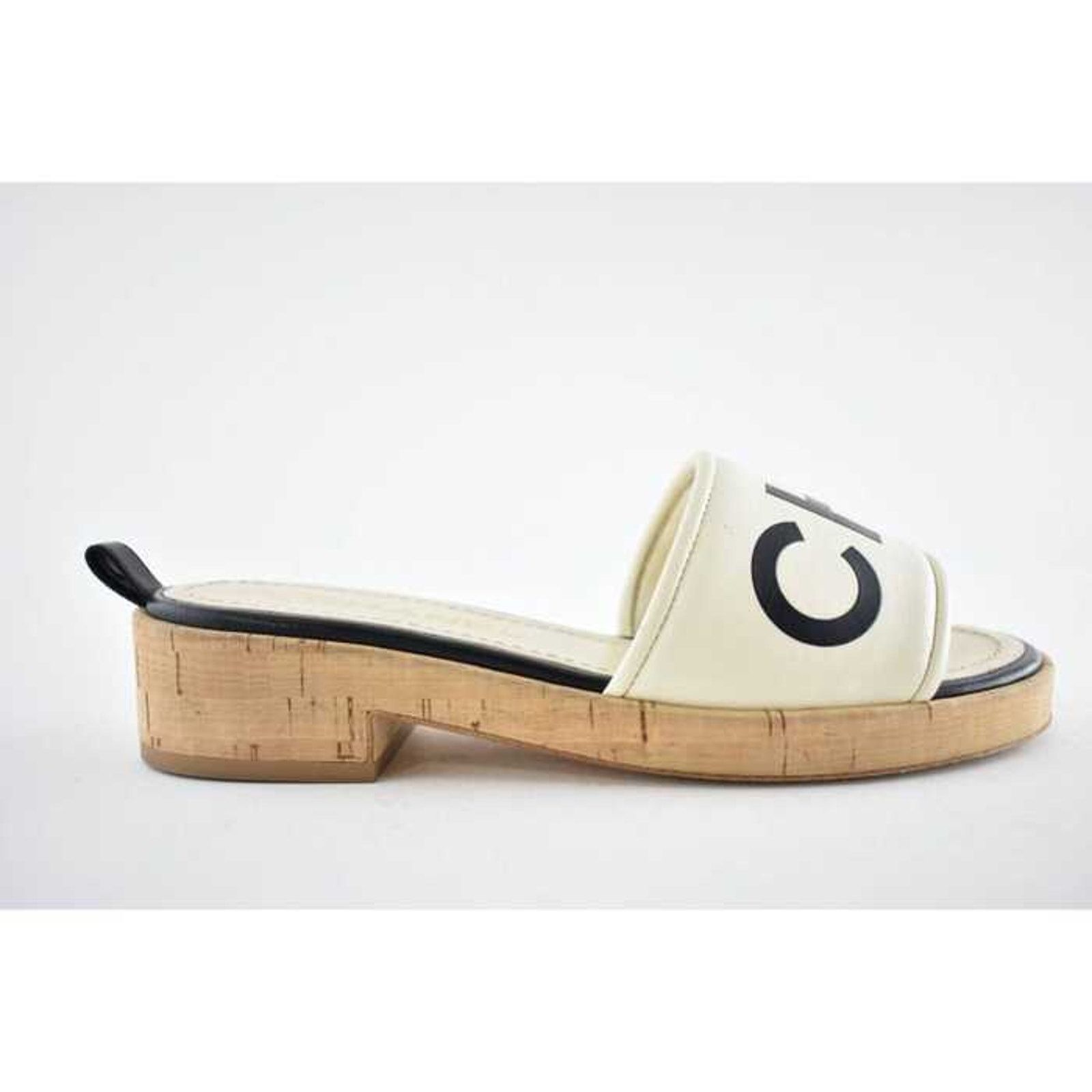 Chanel Chanel 19S Ivory Black Letter CC Logo Cork Mules Slide Size US 5 / IT 35 - 2 Thumbnail