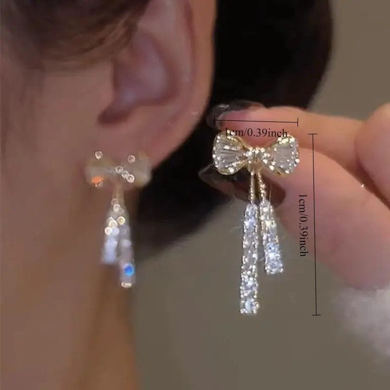 Other Gold Bow Dangle Earrings With Rhinestone Tassels For Women Size ONE SIZE - 2 Thumbnail