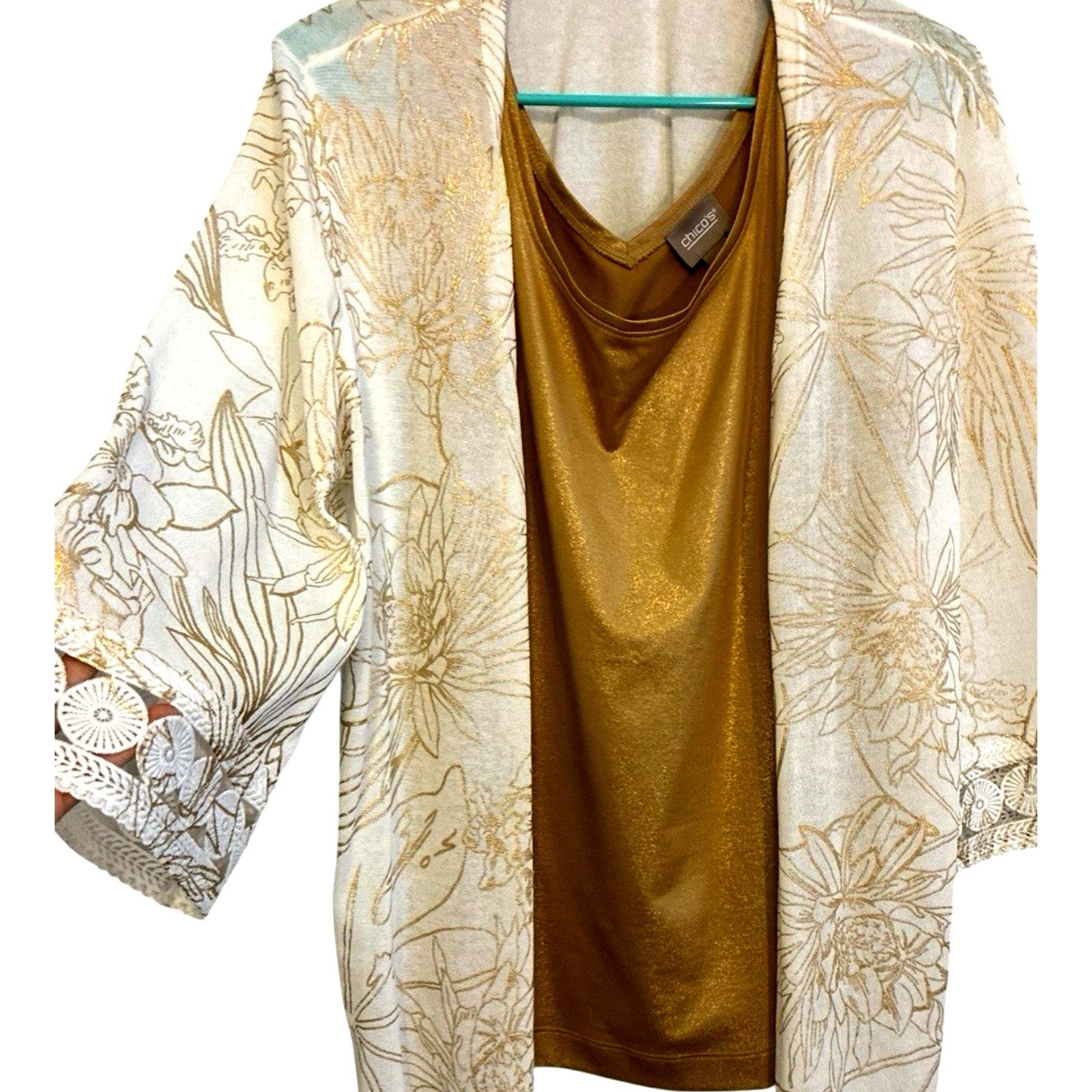 Chicos Chico's 2pc Set White Floral Cardigan Kimono Gold Metallic L Size XL / US 12-14 / IT 48-50 - 6 Thumbnail