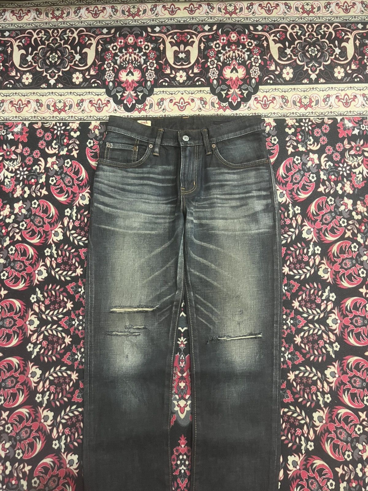 Edwin Vintage Edwin Japan Dark Faded Narrow Straight Ripped Jeans Size 28" / US 6 / IT 42 - 3 Thumbnail