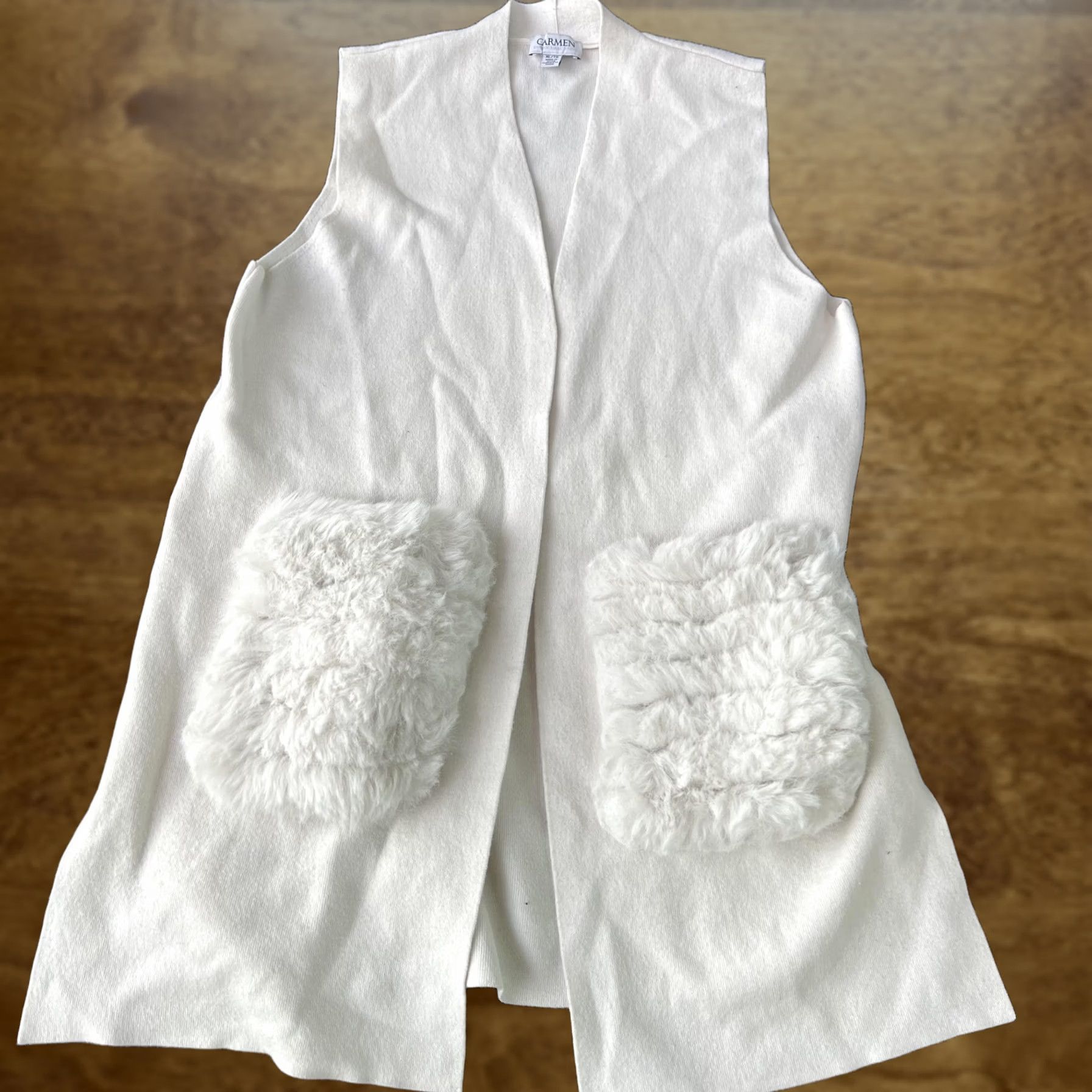 Vintage Carmen Marc Valvo Vest Womens XL White Open Front Longline Pockets Fur Trim Knit Size XL / US 12-14 / IT 48-50 - 1 Thumbnail