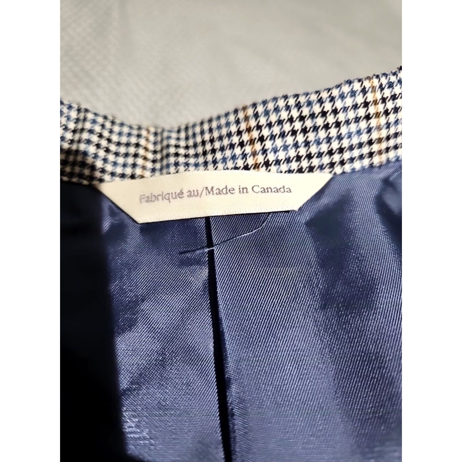 Vintage Samuelsohn Blazer 44 Tan Brown Houndstooth Blue Windowpane Wool Sport Coat Jacket - Three Button Notch Lapel Regular Fit Mens BLAZER Size 44R - 6 Thumbnail