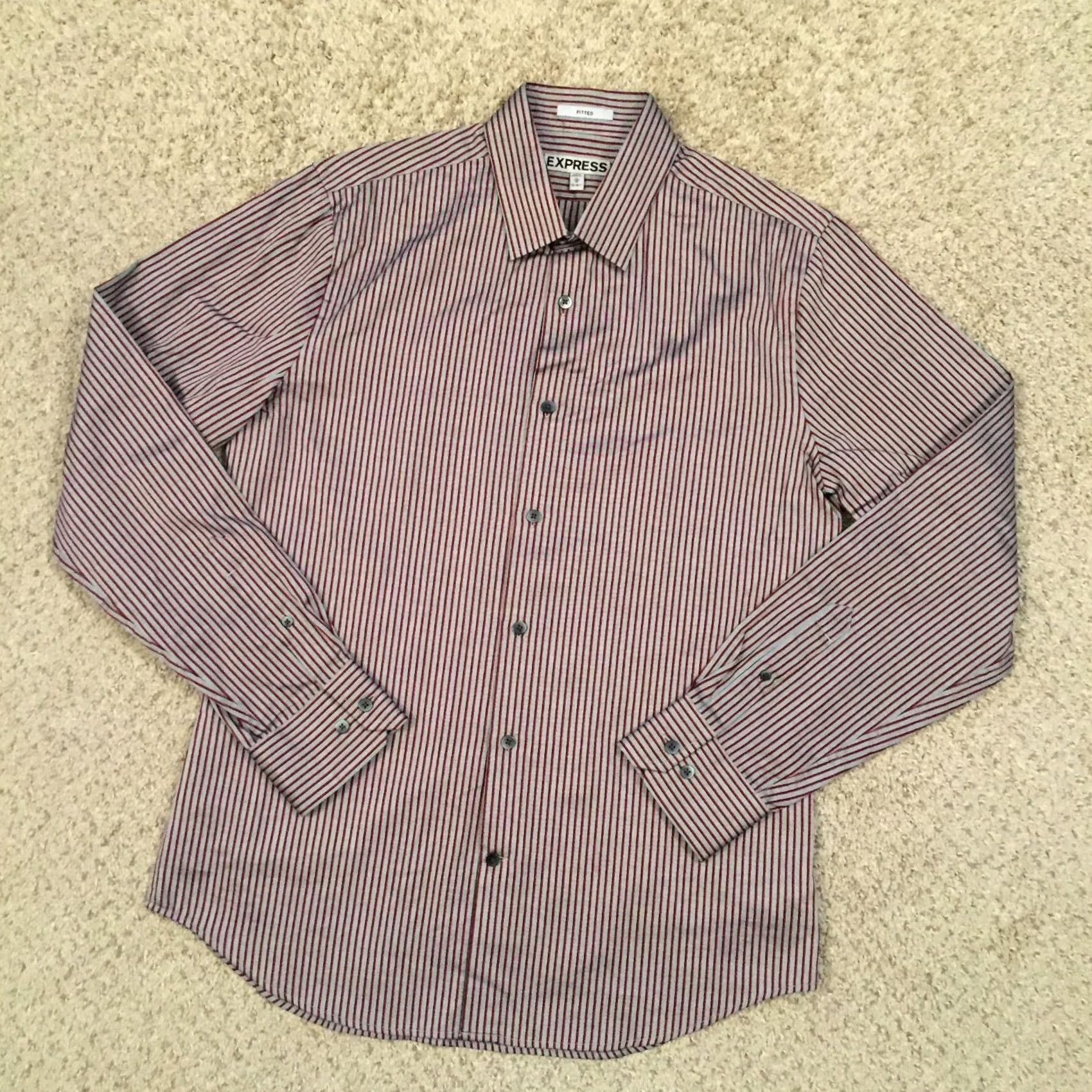 Express Express Shirt Mens Medium Gray Red Striped Long Sleeve Button Up Fitted Size US M / EU 48-50 / 2 - 2 Thumbnail