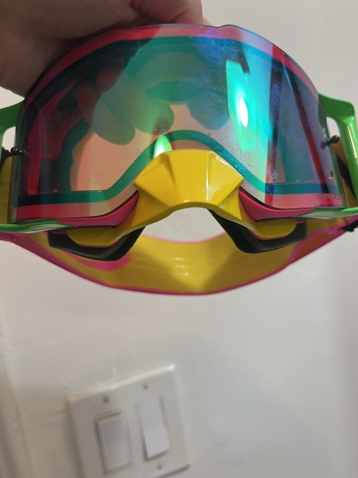 image of Pink Oakley Goggles With Yellow Nose Piece, Men's