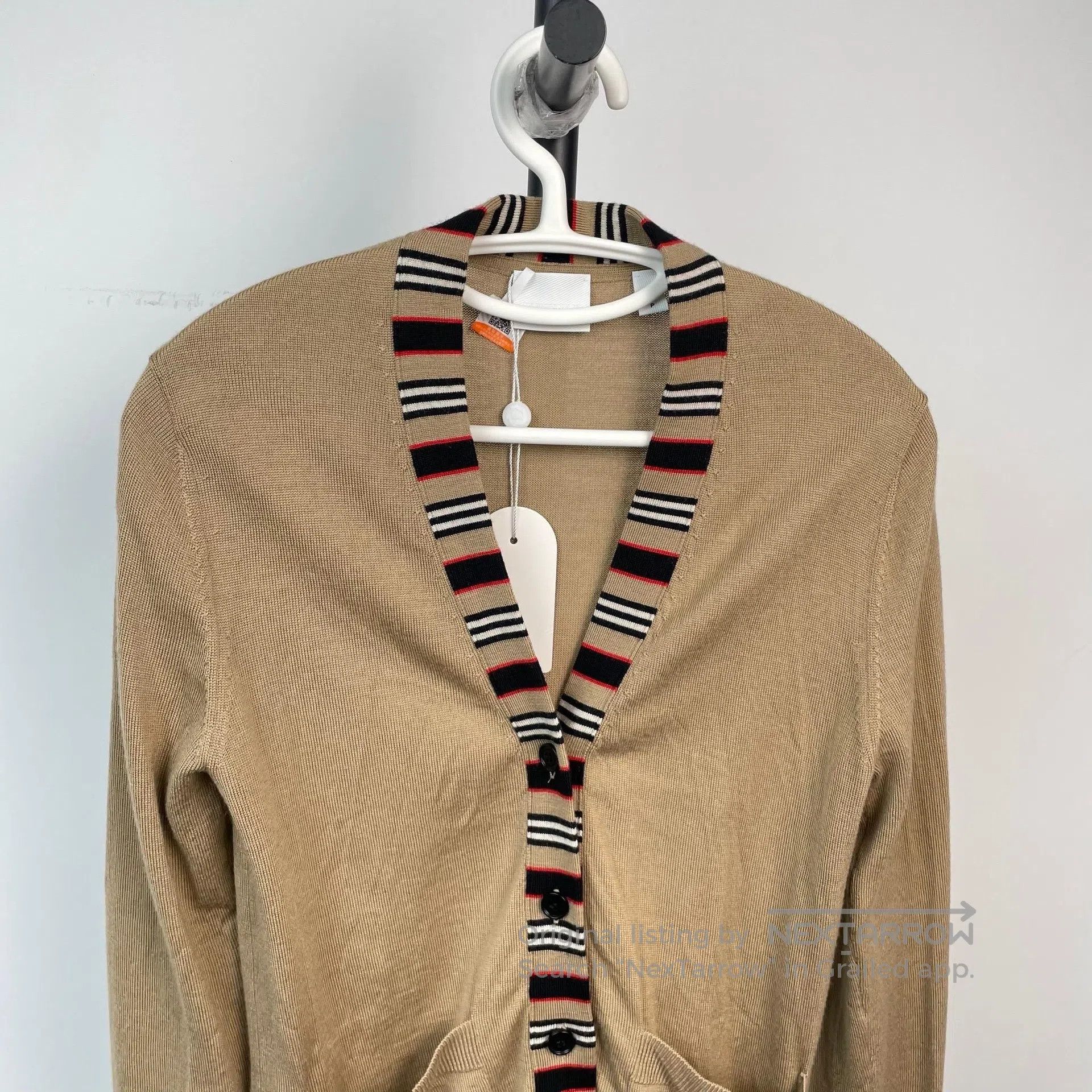 Burberry Burberry Khaki Stripe V-Neck Knit Cardigan| Size S / US 4 / IT 40 - 3 Thumbnail