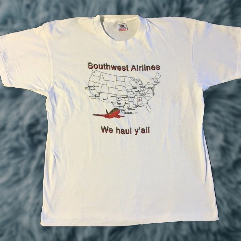 Vintage VINTAGE Southwest Airlines We Haul Y’all Faded Shirt XL White Graphic Tee Men 90s 80s USP Plane Pilot Flying Humor Funny USA Western Grunge Retro Size US XL / EU 56 / 4 - 1 Thumbnail