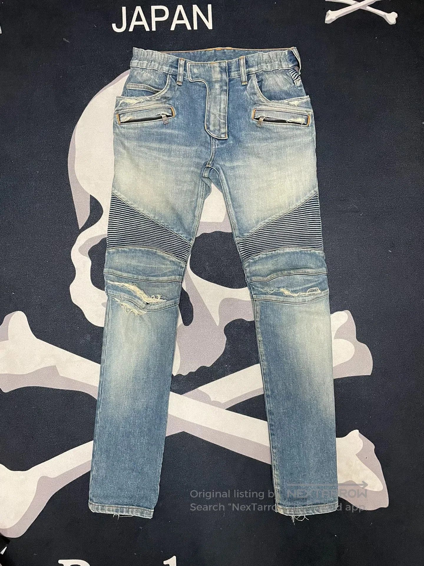 Balmain Distressed Motorcycle Jeans.