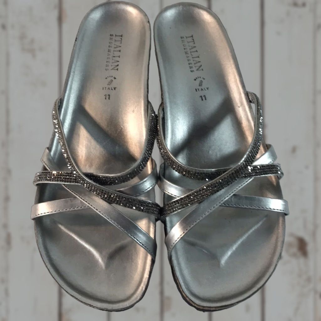 Vintage Italian Shoemakers Wedge Slides Women Size 11 Silver Leather Rhinestones Casual Summer Size US 11 / IT 41 - 1 Thumbnail