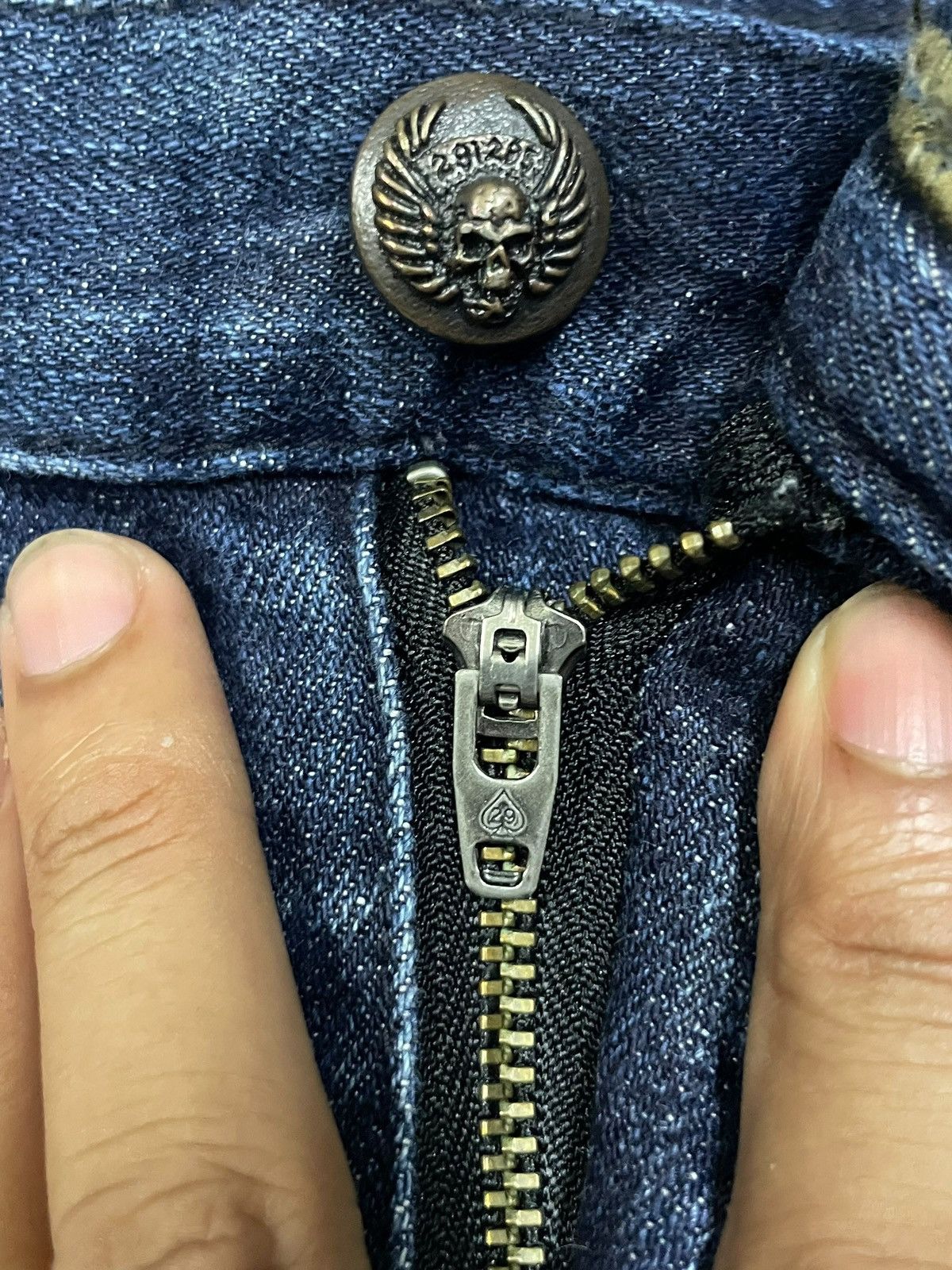 Vintage Japanese Goth Skull Blue Wash Back Buckle Slim Jeans
