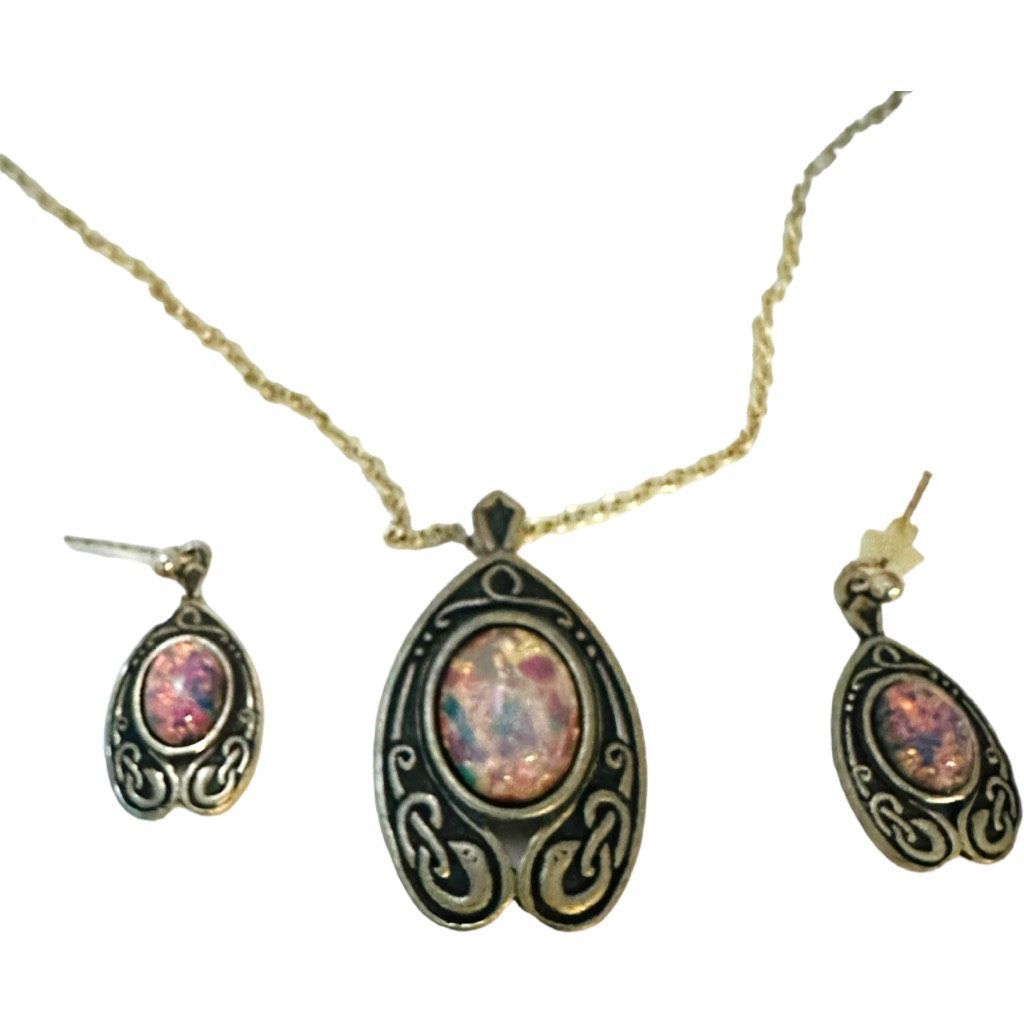 Other MIRACLE Signed Fire Opal Antiqued Gold Plate Celtic Serpent Necklace Pendant Earring Set Size ONE SIZE - 2 Preview