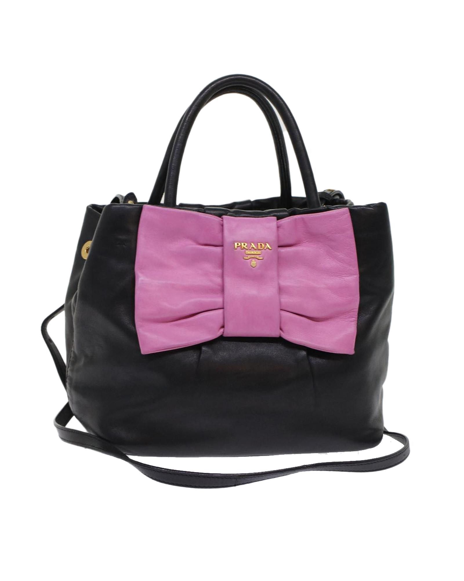 image of Prada Leather Ribbon Hand Bag 2Way in Black, Women's