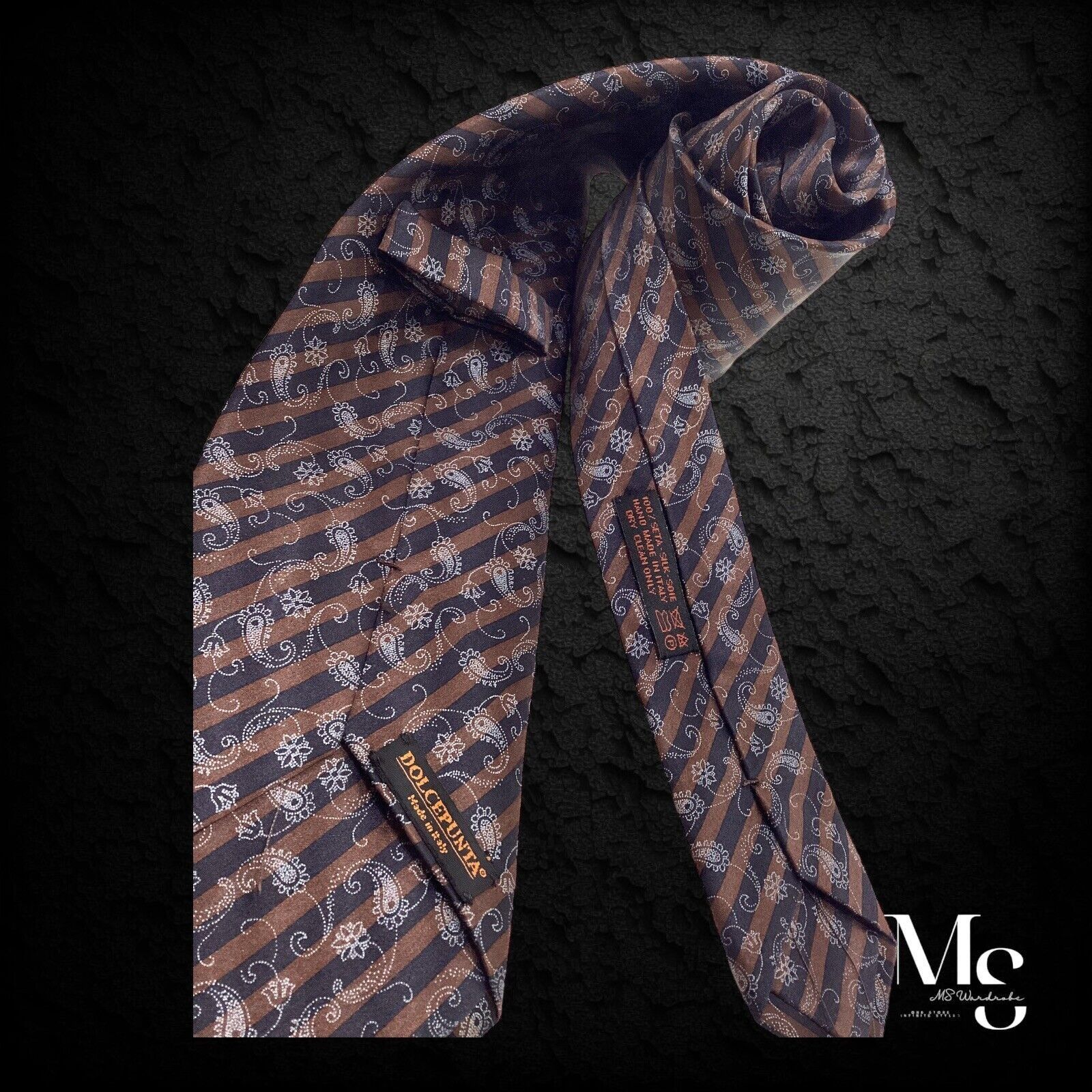 Dolcepunta DOLCEPUNTA Brown Paisley Stripe Silk Tie In Made Italy W: 3. Size ONE SIZE - 3 Thumbnail