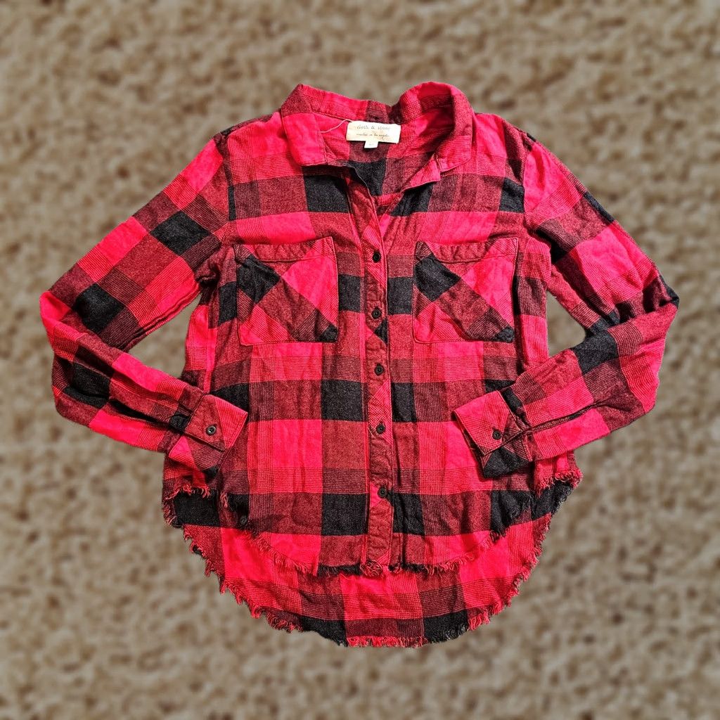 Vintage Cloth & Stone Top Shirt Women XS Red Black Flannel Buffalo Check Plaid Raw Hem Button Front Casual Sleeve | Whitewash? Size XS / US 0-2 / IT 36-38 - 1 Thumbnail