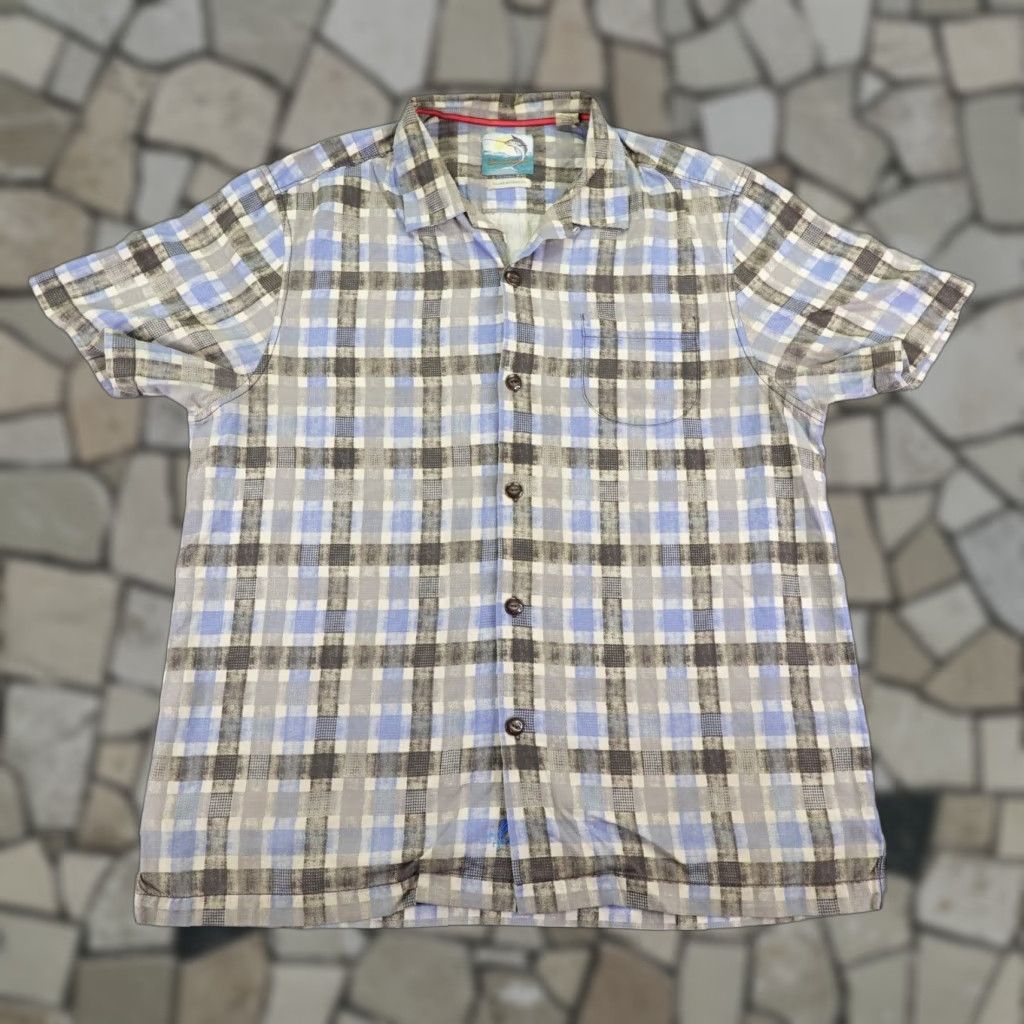 Tommy Bahama TOMMY BAHAMA Shirt Mens Large Blue Gray Plaid Silk Blend Camp Short Sleeve Tropical Beach Casual Button-Up Size US L / EU 52-54 / 3 - 1 Thumbnail