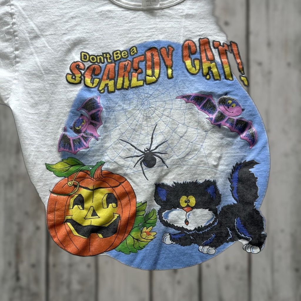 Vintage Dont Be A Scaredy Cat Shirt Mens Large White Halloween Pumpkin Black Cat Tee Size US L / EU 52-54 / 3 - 1 Thumbnail