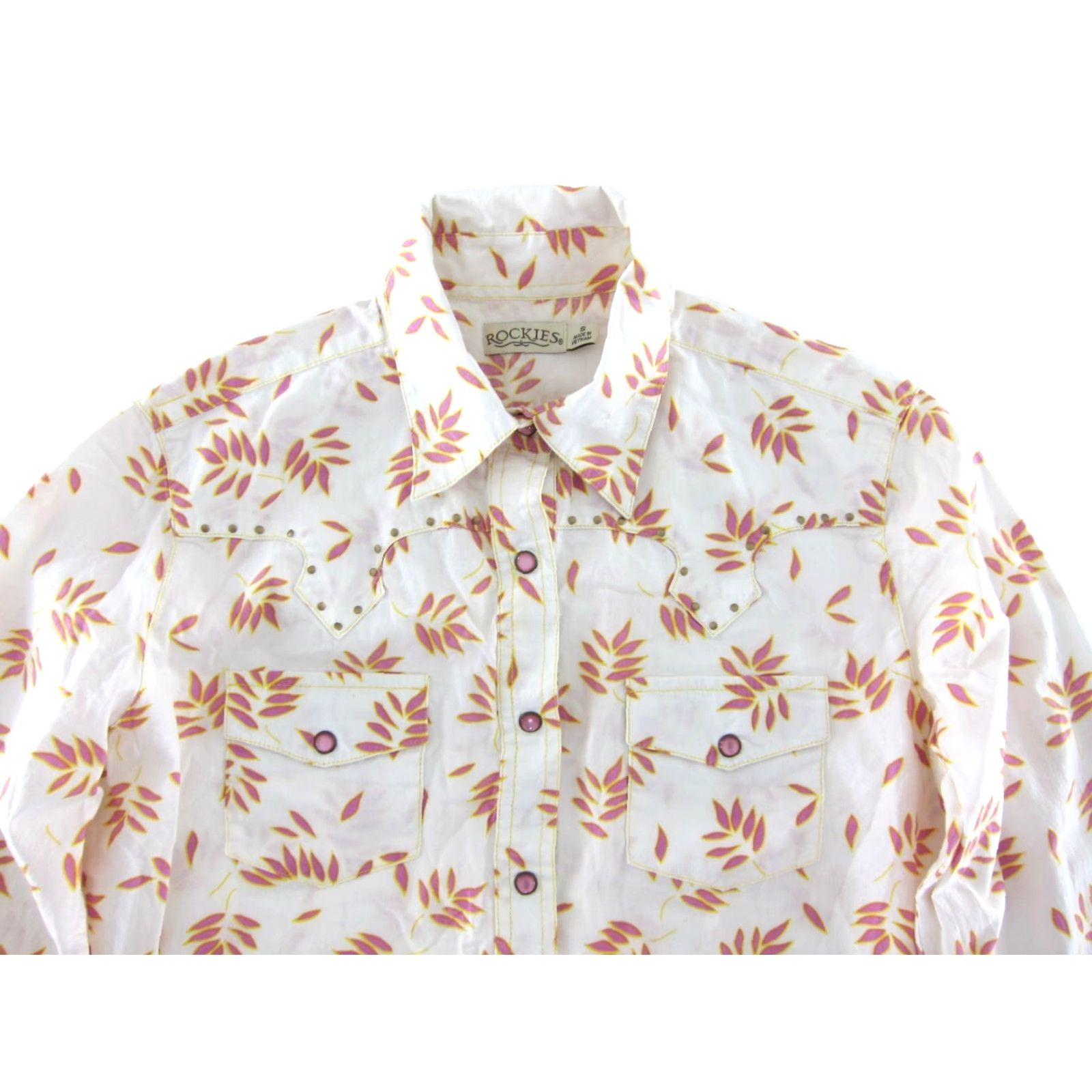 Vintage ROCKIES Pink White Floral Gold Stud Snap Button Up Long Sleeve Western Blouse S Size S / US 4 / IT 40 - 4 Thumbnail