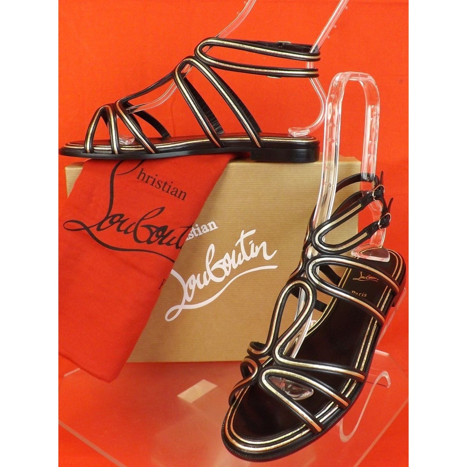 Christian Louboutin ZENOSANDY BLACK LEATHER CAGED FLATS GLADIATOR SANDALS 38.5 Size US 8.5 / IT 38.5 - 3 Thumbnail