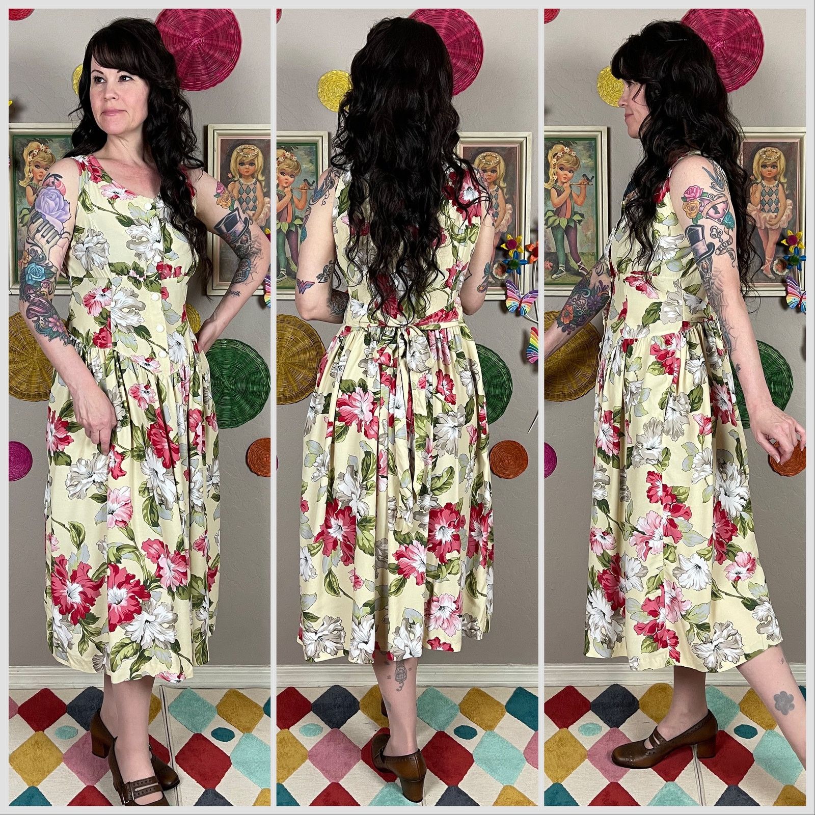 Vintage Vintage 1990s Yellow Floral Sleeveless Midi Sundress Size S / US 4 / IT 40 - 2 Thumbnail