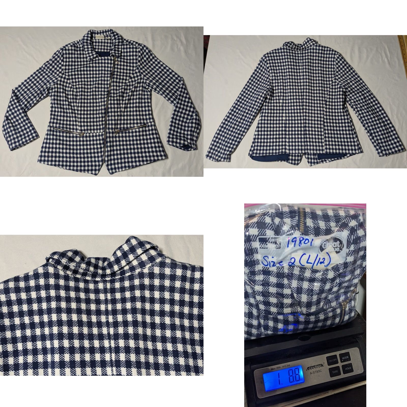 Vintage CHICO'S Women Jacket Blue White Gingham Rayon Blend