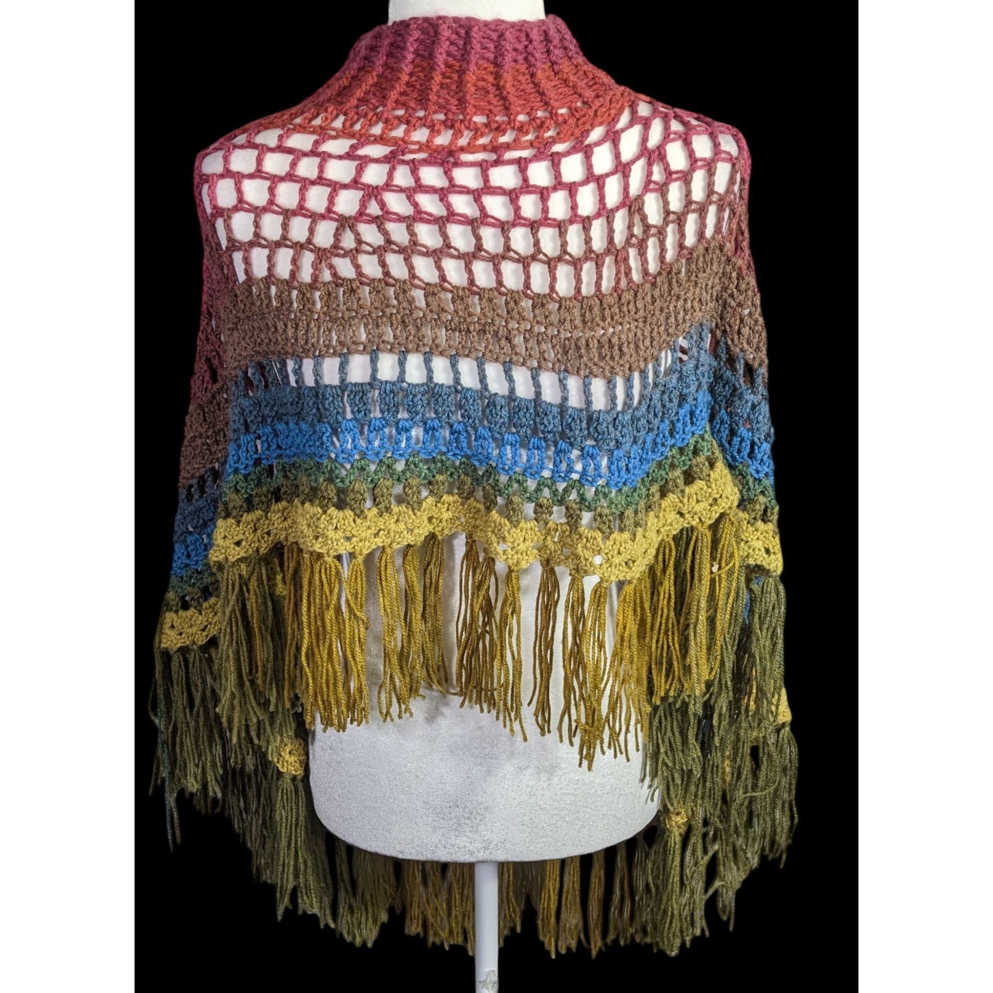 Handmade Vintage Handmade Bohemian Crochet Shawl Poncho With Rainbow Size ONE SIZE - 2 Thumbnail