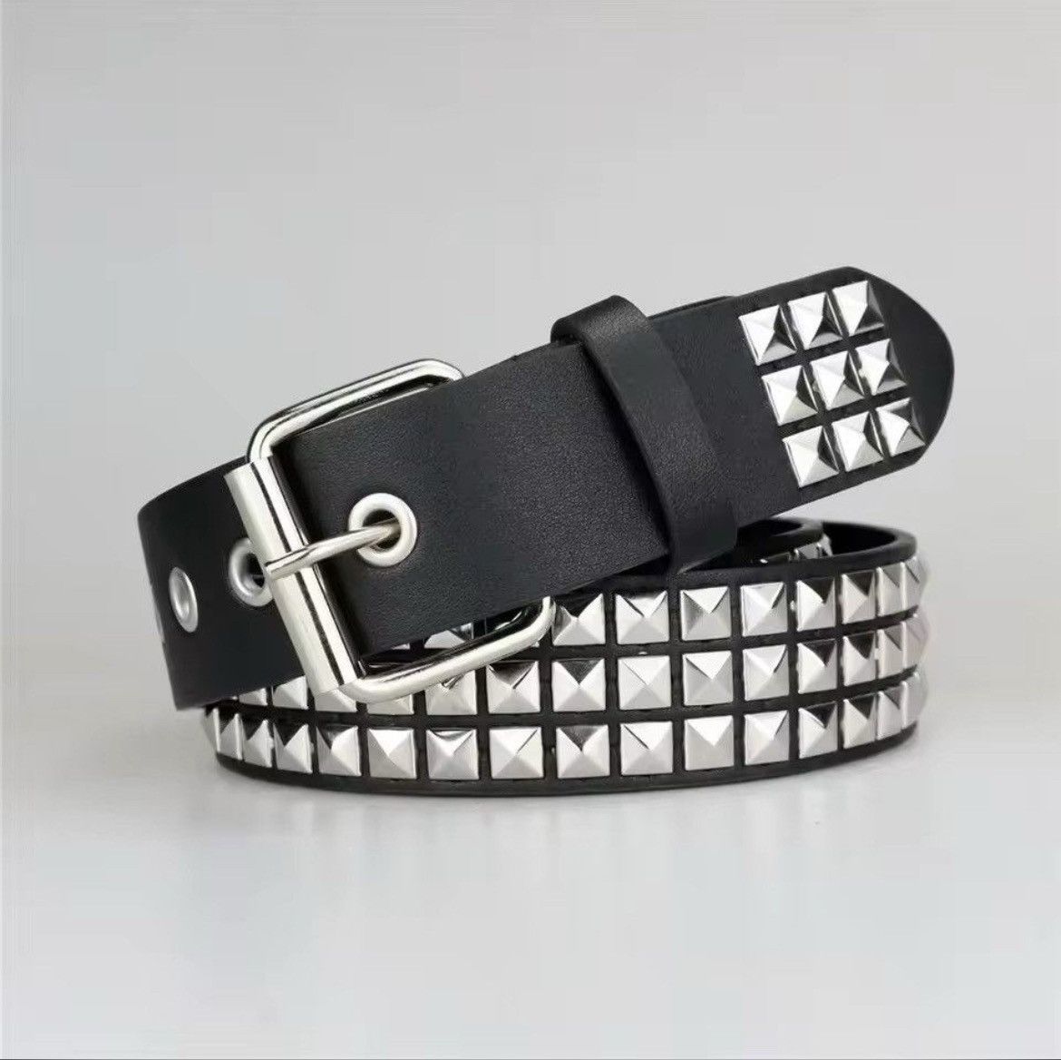 Leather 110cm Rivet Pyramid Studded PU Leather Belt Size ONE SIZE - 3 Thumbnail