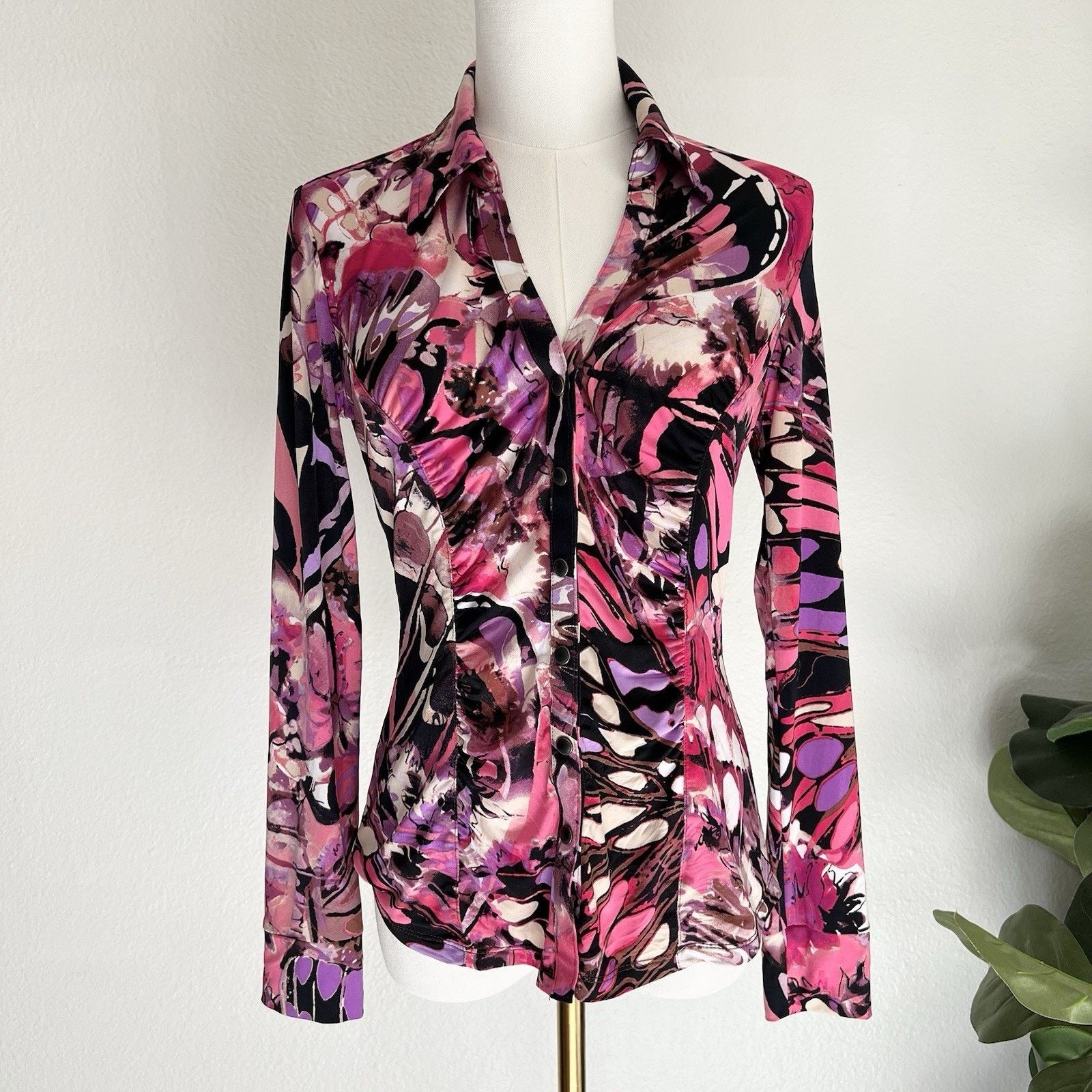 Other CACHÉ Button Up Blouse Y2K Pink Purple Pearl Snap Watercolor Size S / US 4 / IT 40 - 1 Thumbnail