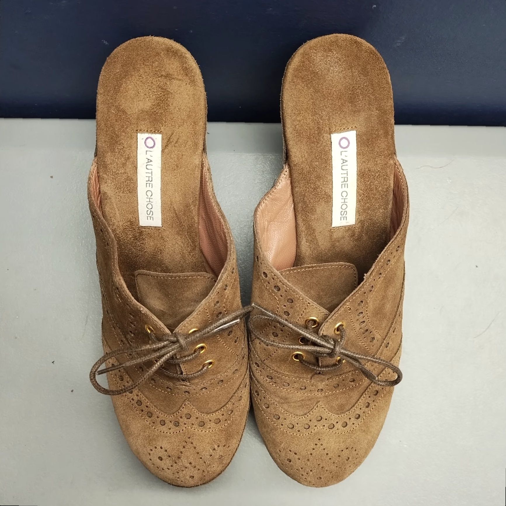 Vintage L'Autre Chose Oxford Wood Mules Womens Size 7 Brown Comfort Wedge Heel Lace Up Shoes Size US 7 / IT 37 - 6 Thumbnail