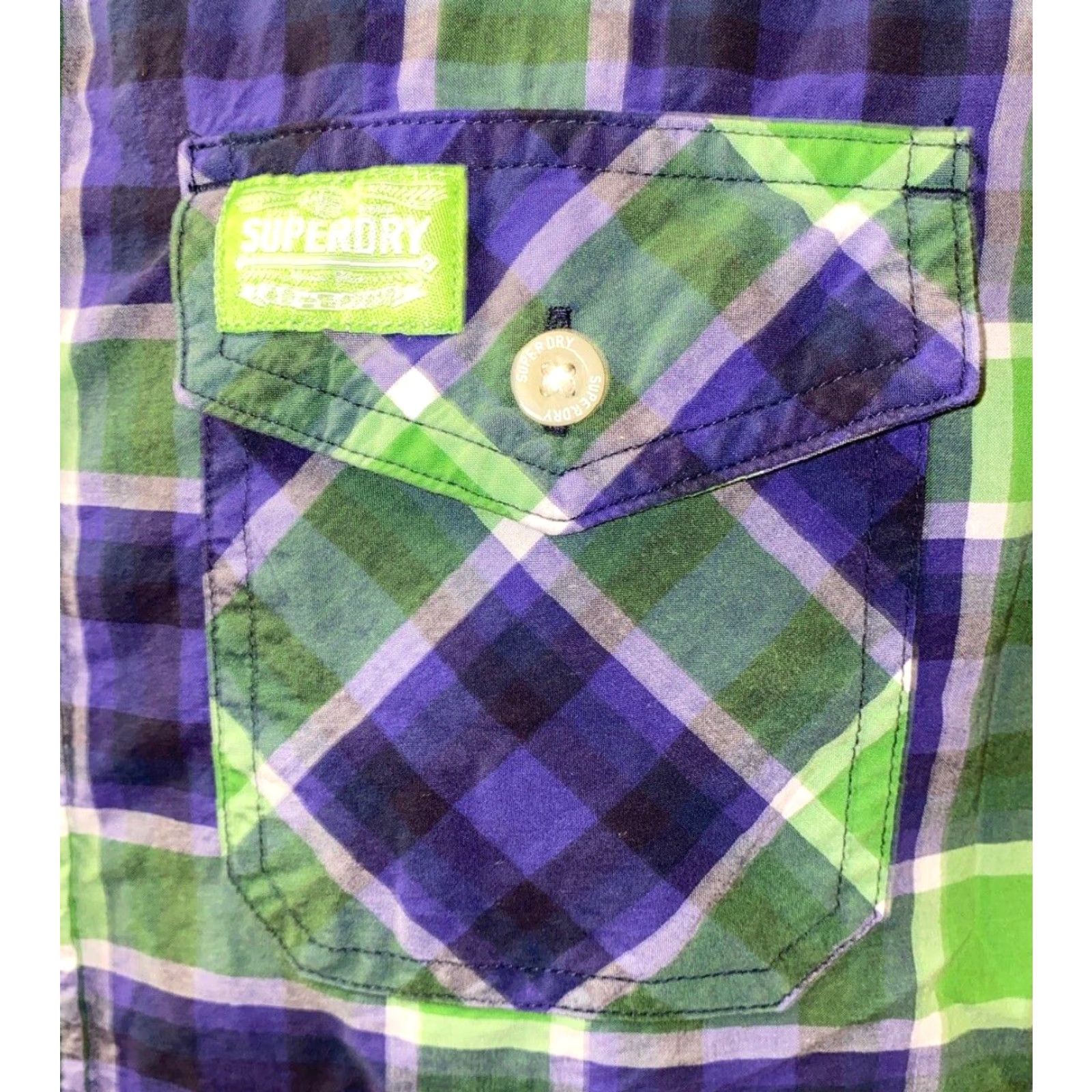Superdry Superdry Shirt Men L Blue/Green Checkered Short Sleeve Button-Up Regular Collar Cotton Size US L / EU 52-54 / 3 - 4 Thumbnail