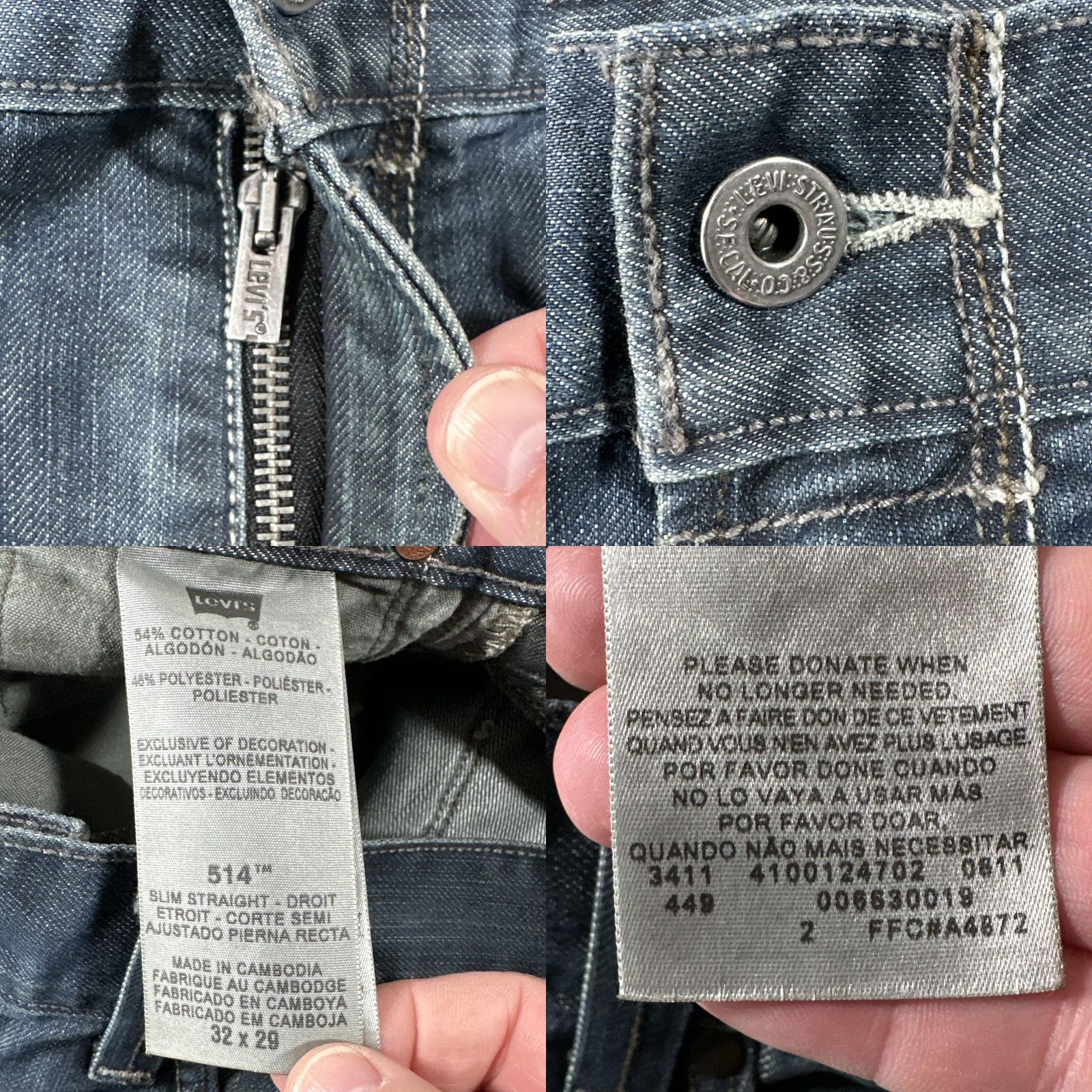 Levi's Levi's 514 Jeans Mens 32x29 Slim Straight Blue Denim Flap Back Pockets Zip Fly Button Zip Cambodia Levi's 500 Series 514 Model 32 Medium/Dark Blue Size US 32 / EU 48 - 8 Thumbnail