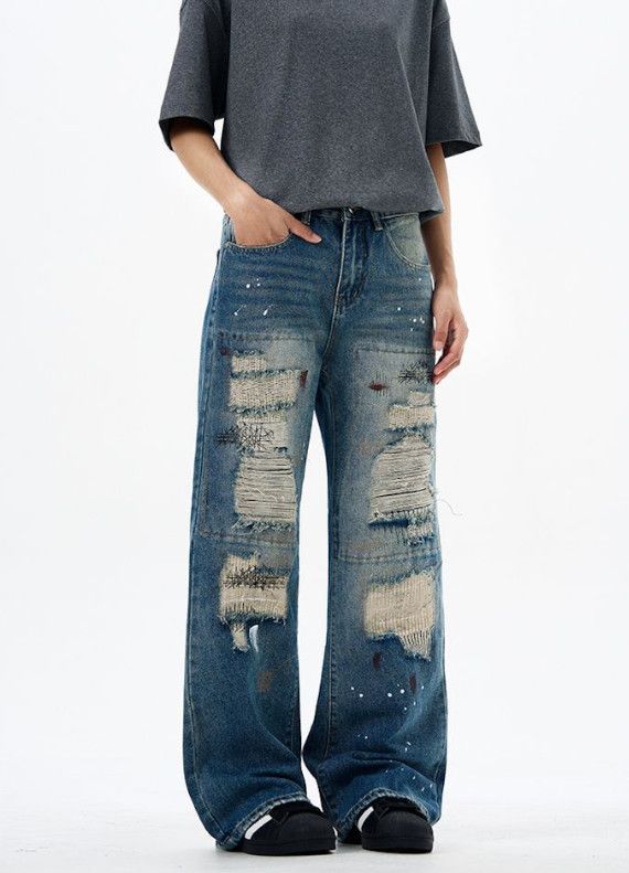 Vintage Ripped ink-splashed American street baggy loose jeans Size US 32 / EU 48 - 4 Thumbnail