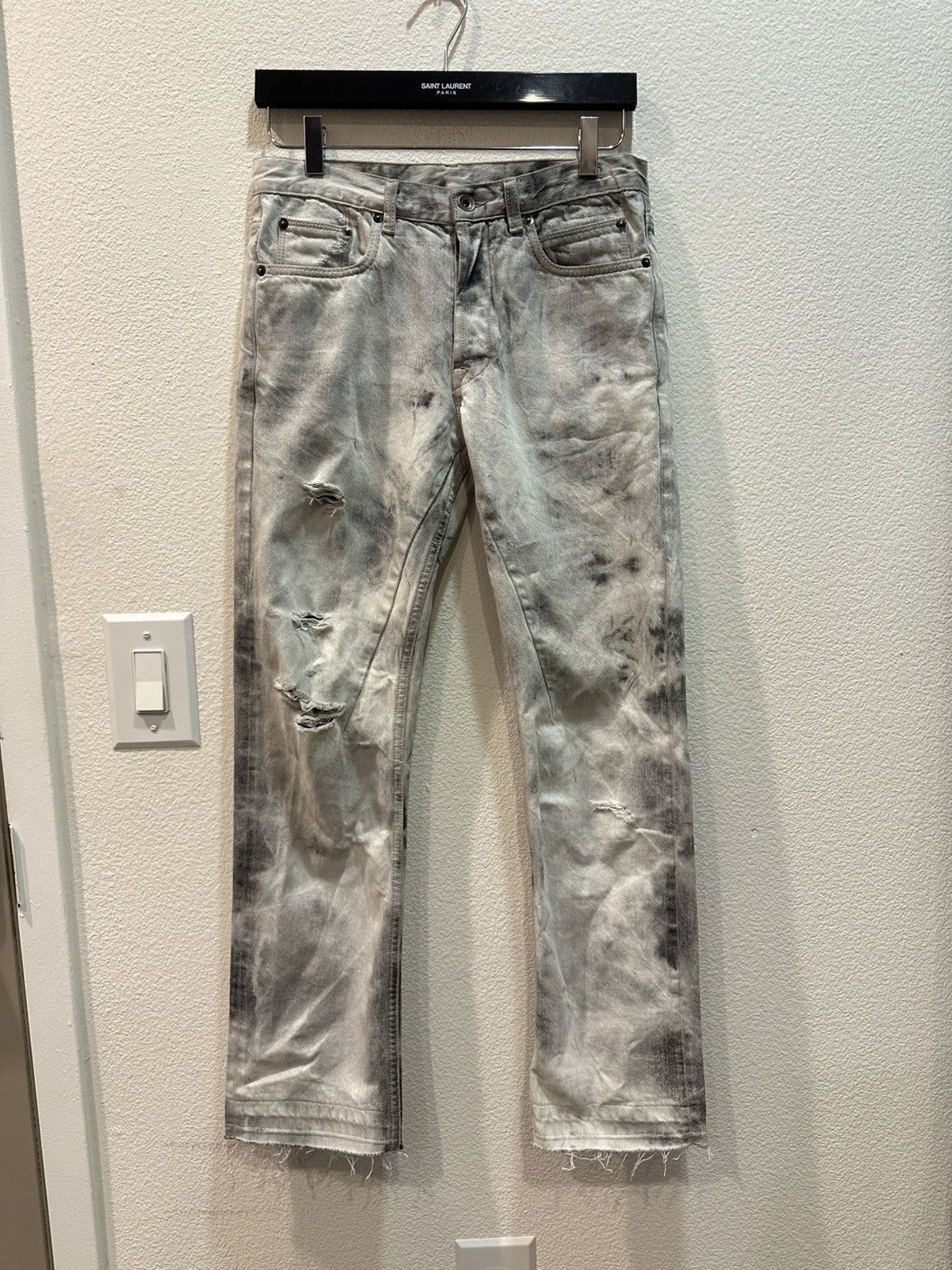 Pre-owned Rick Owens Ss15 Faun Berlin Bootcut Batik Bleach Denim Jeans 30 In White